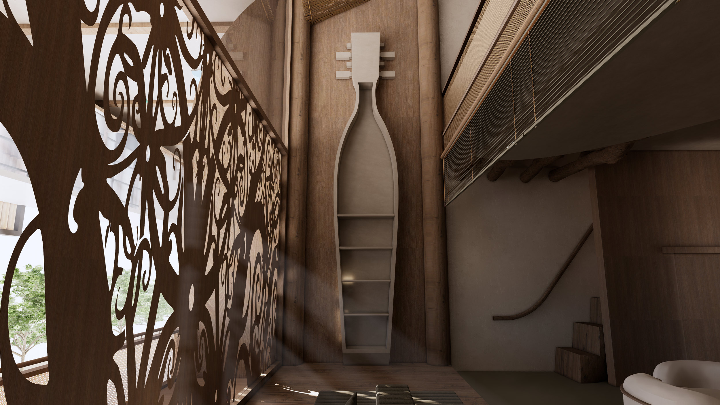Interior view of a wooden staircase with a decorative carved wooden panel on one side, and a built-in bookshelf on the wall, with a window showing trees outside.