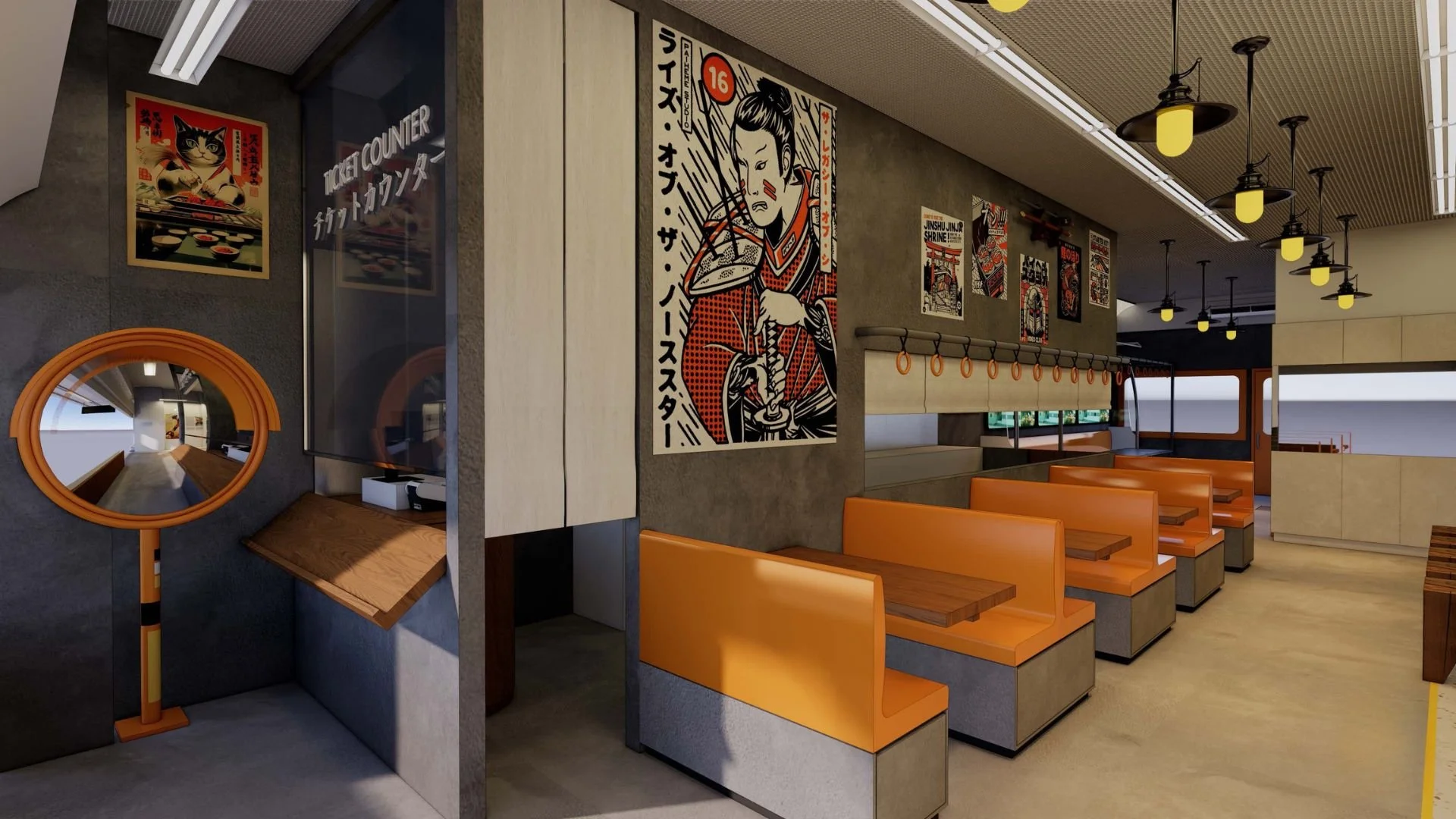 Interior of a restaurant or diner with orange booths, black ceiling lights, retro Japanese-style posters on the walls, including a large comic-style poster of a woman with traditional Japanese attire, and a small round mirror on a stand.