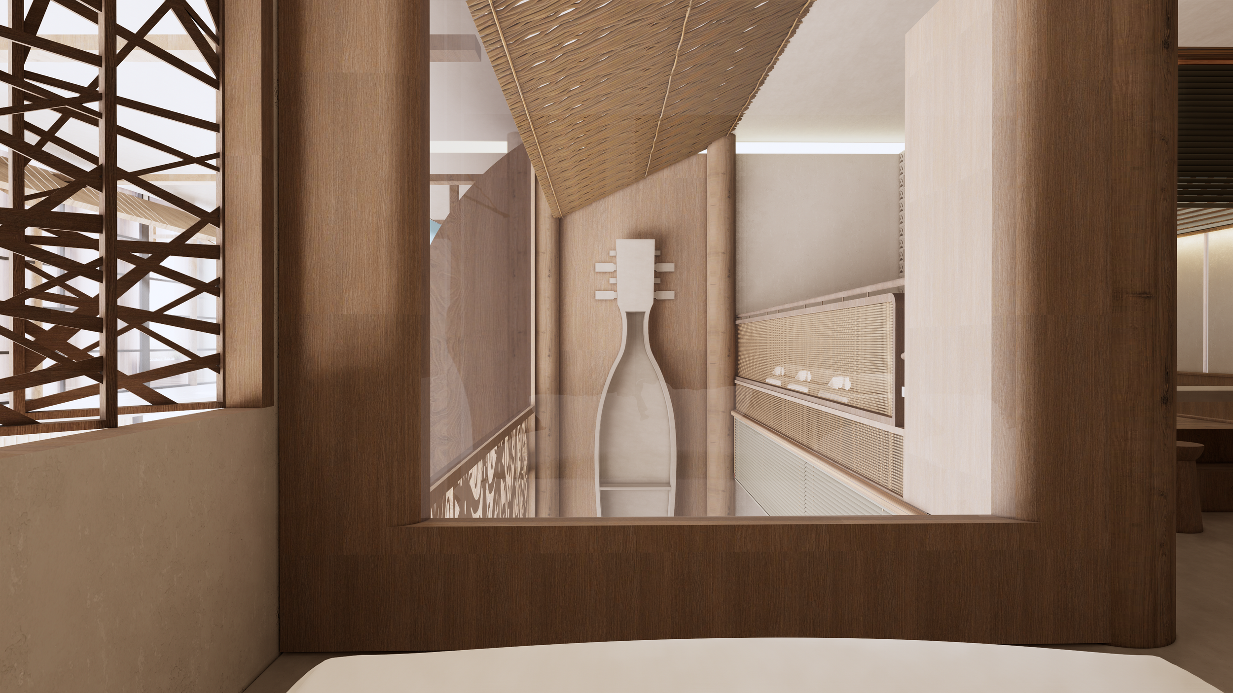 Interior view of a modern wooden room with harmonic design, featuring a decorative wooden lattice wall, a floor lamp, and horizontal light fixtures, with neutral colors and minimalist decor.