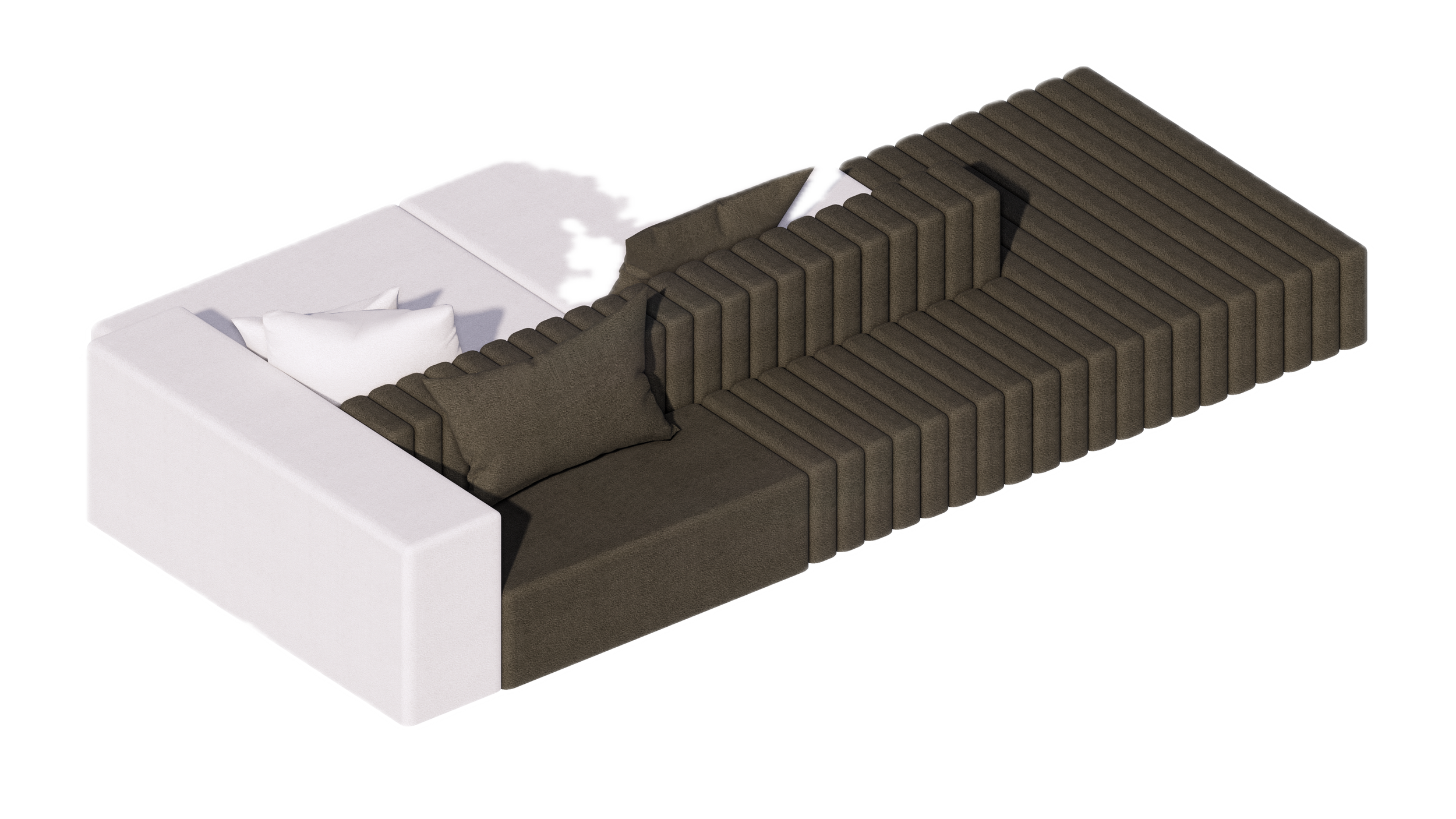 A sectional sofa with brown cushions and a white base, with pillows and a white side table next to it.