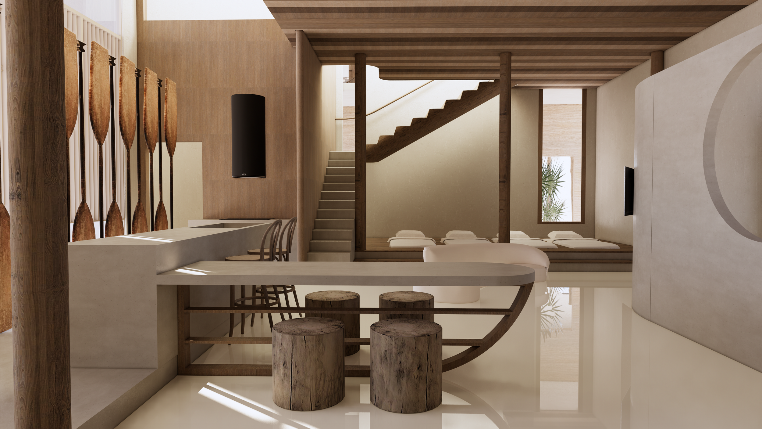 Interior view of a modern, minimalist living space with wooden accents, a staircase, low seating, and a dining area with stone stools.