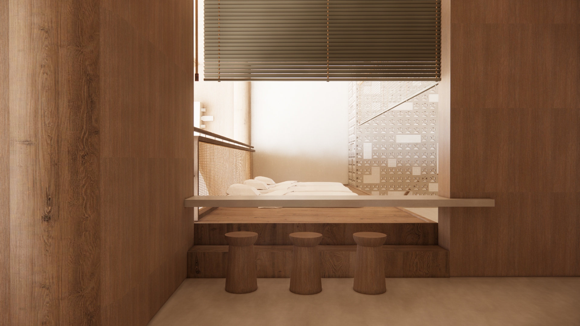 Interior view of a minimalist bedroom with wooden walls and furniture, a bed with white linens, and a decorative lattice partition. The room features horizontal window blinds and neutral tones, creating a calm, modern atmosphere.