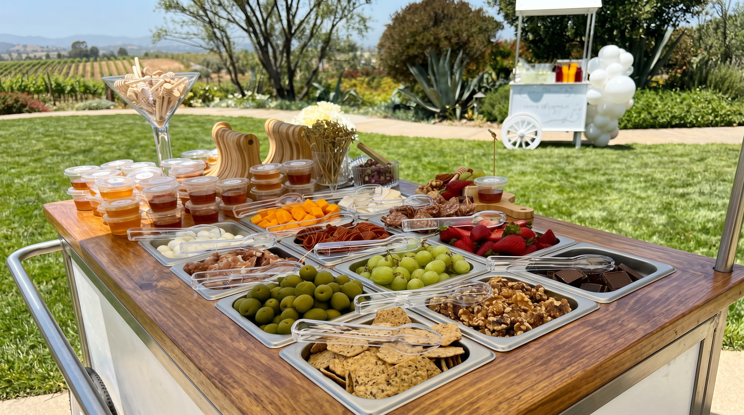 Buffet table with fruits, cheeses, crackers, and small cups of jelly or jam set outdoors in a garden with vineyard and mountain views in the background.