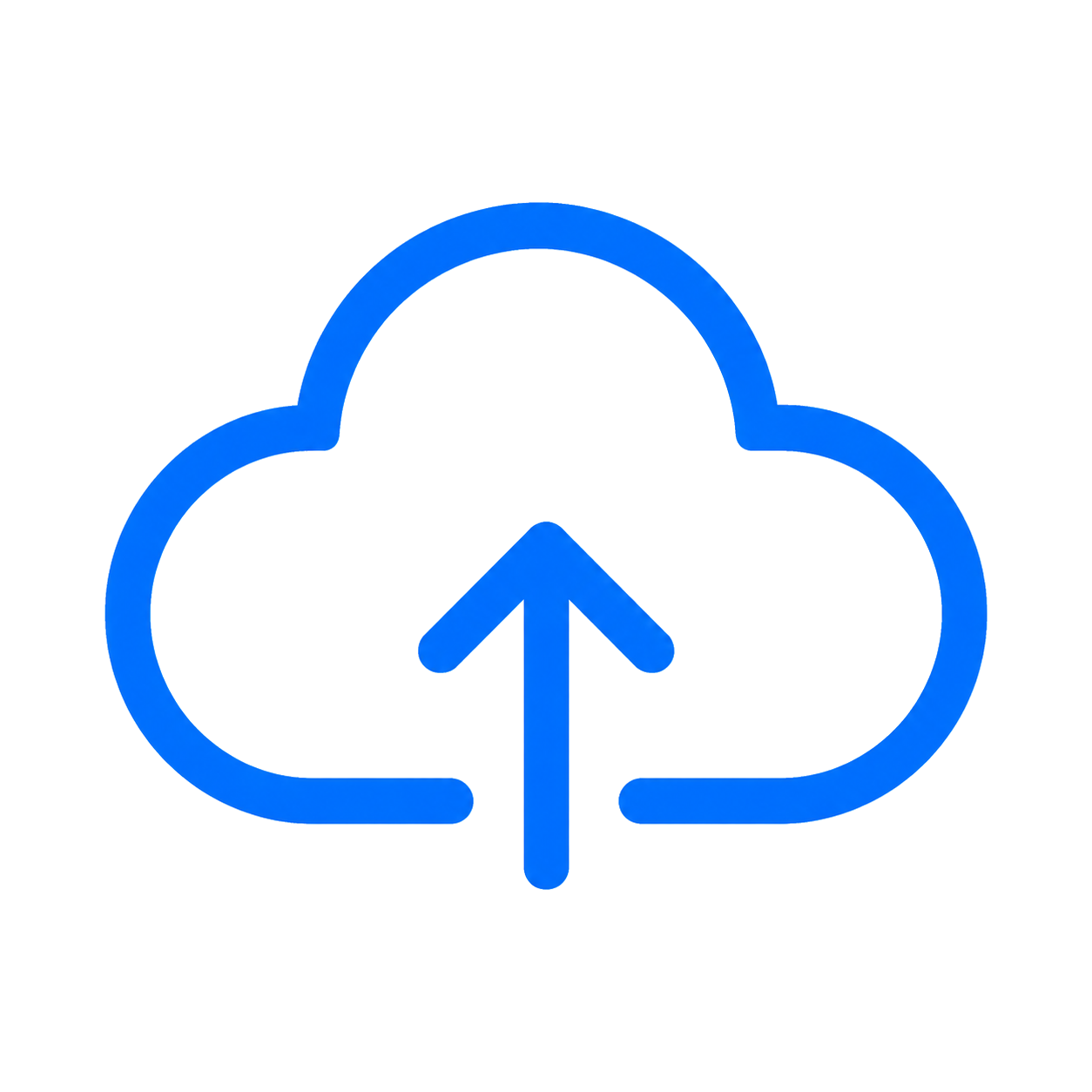 Blue outline cloud icon with an upward arrow in the center, representing cloud upload.