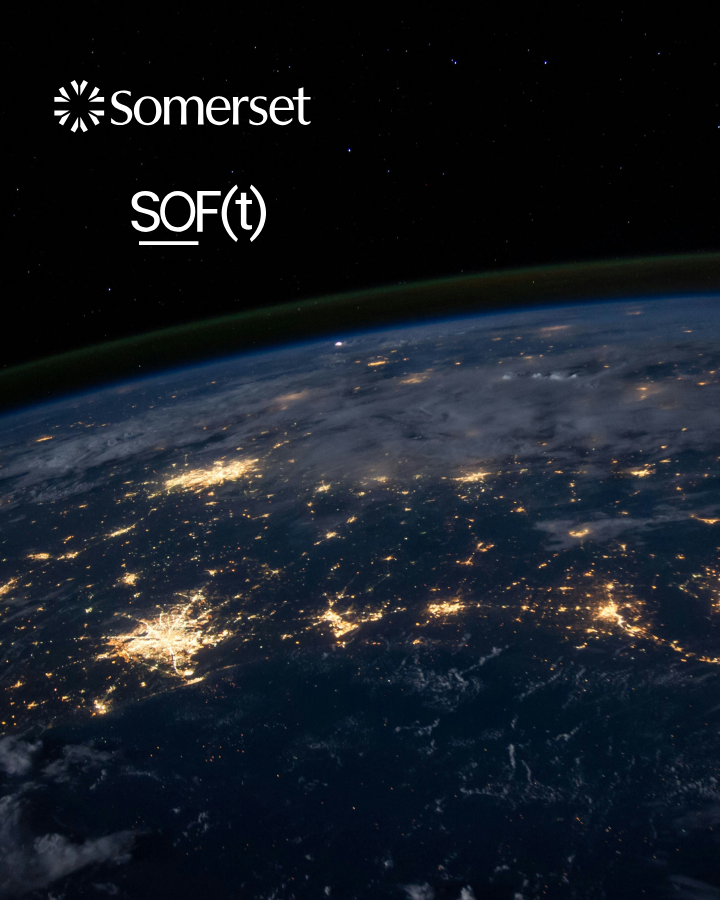 View of Earth from space showing city lights, with the logos for Somerset and SOF(t) in the top left corner.