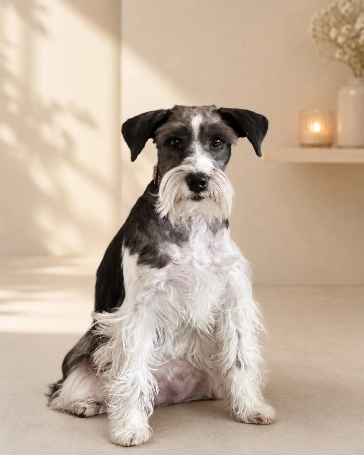 A black, white, and gray dog with a beard style sitting on a beige surface inside a room, with shelves, candles, and a vase with flowers in the background.