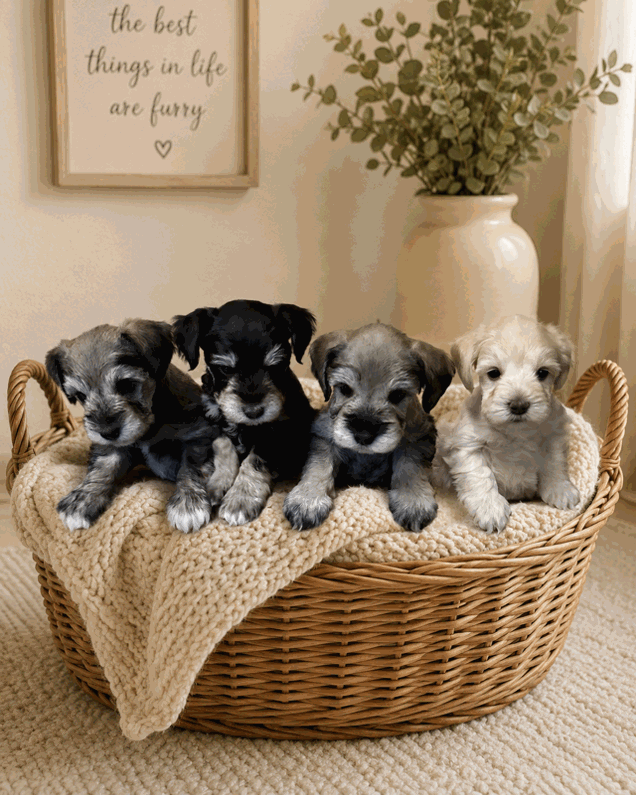 Four adorable puppies sitting in a wicker basket on a knit blanket, with a plant in a white vase and a framed quote on the wall behind them.
