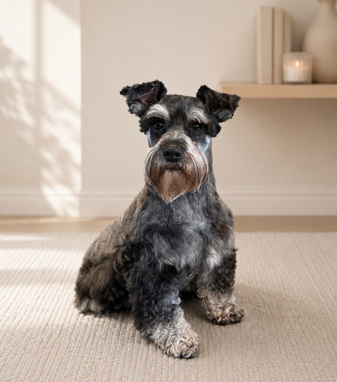 A cute gray and black Schnauzer dog sitting on a beige carpet in a well-lit room, with a neutral-colored wall and a shelf with books and decorative items in the background.