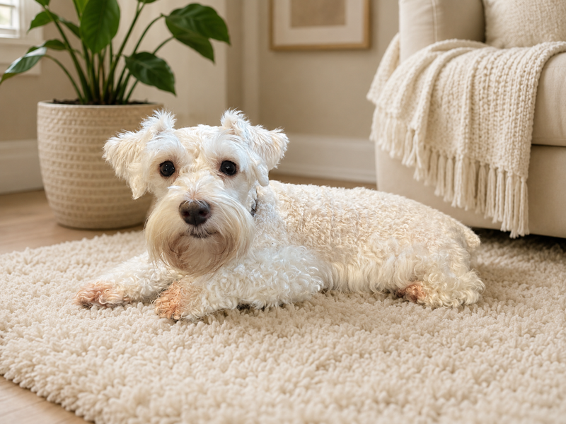 A white, curly-haired dog lying on a plush, cream-colored rug in a cozy, well-decorated living room.
