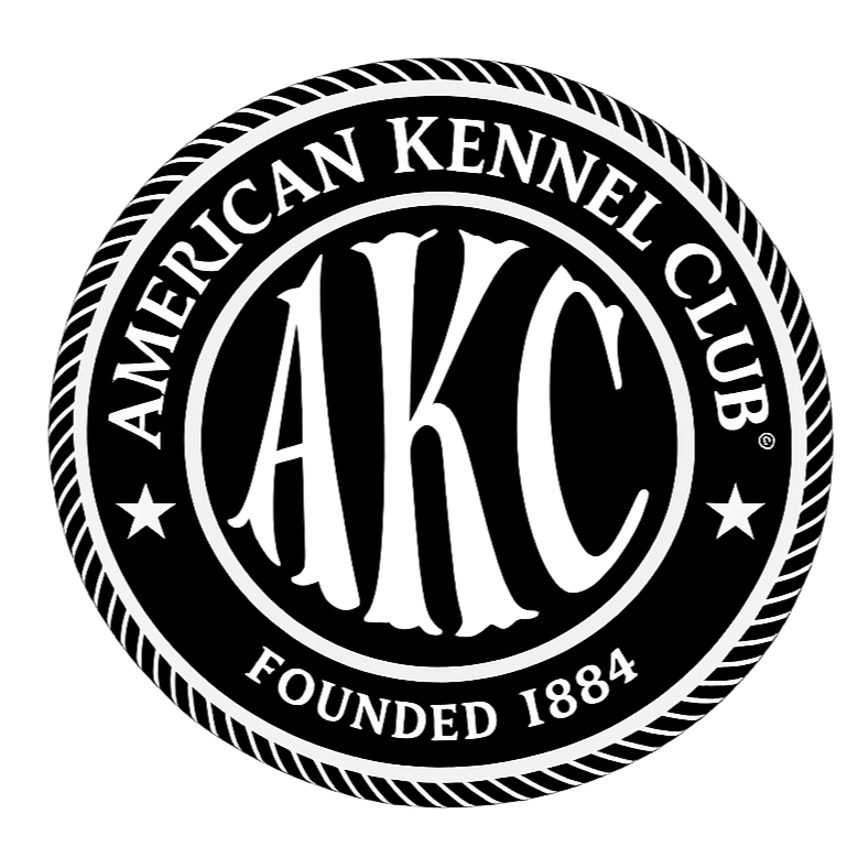 Black and white emblem of the American Kennel Club with unfilled center, outer circle with the text "AMERICAN KENNEL CLUB" at the top, and "FOUNDED 1884" at the bottom, and two stars on each side.