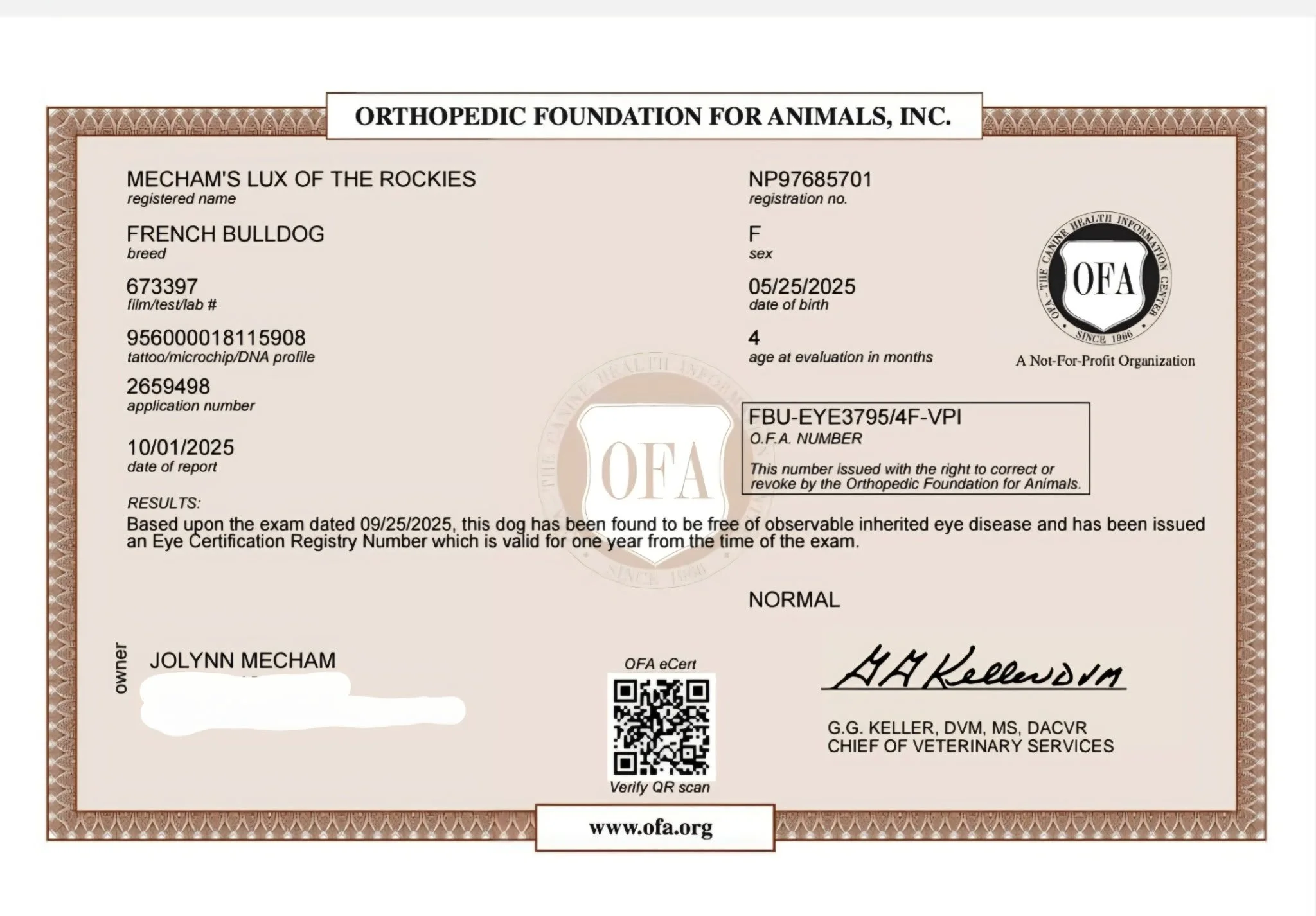 Veterinary certificate for a dog named Mecham's Lux of the Rockies, a French Bulldog, showing details such as registration number, sex, date of birth, breed, age, report date, results, owner, veterinarian's signature, and QR code.