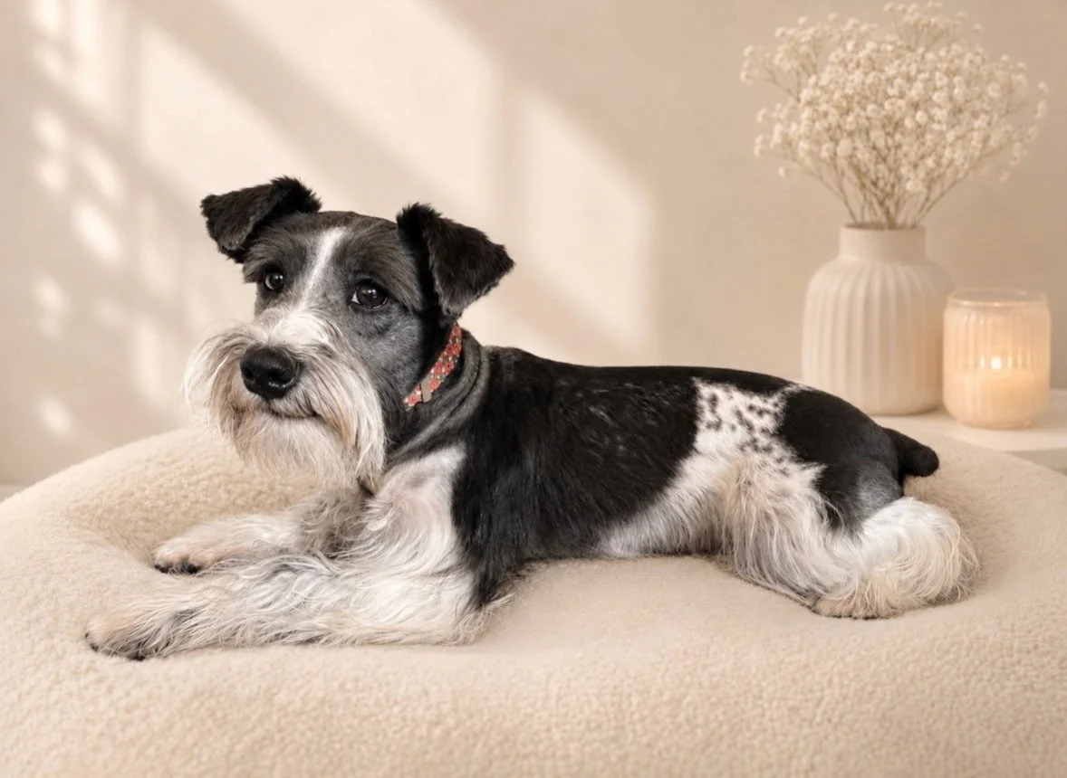 A black and white dog lying on a beige pet bed, with a small red collar, in a cozy room with a vase of white flowers and candles in the background.