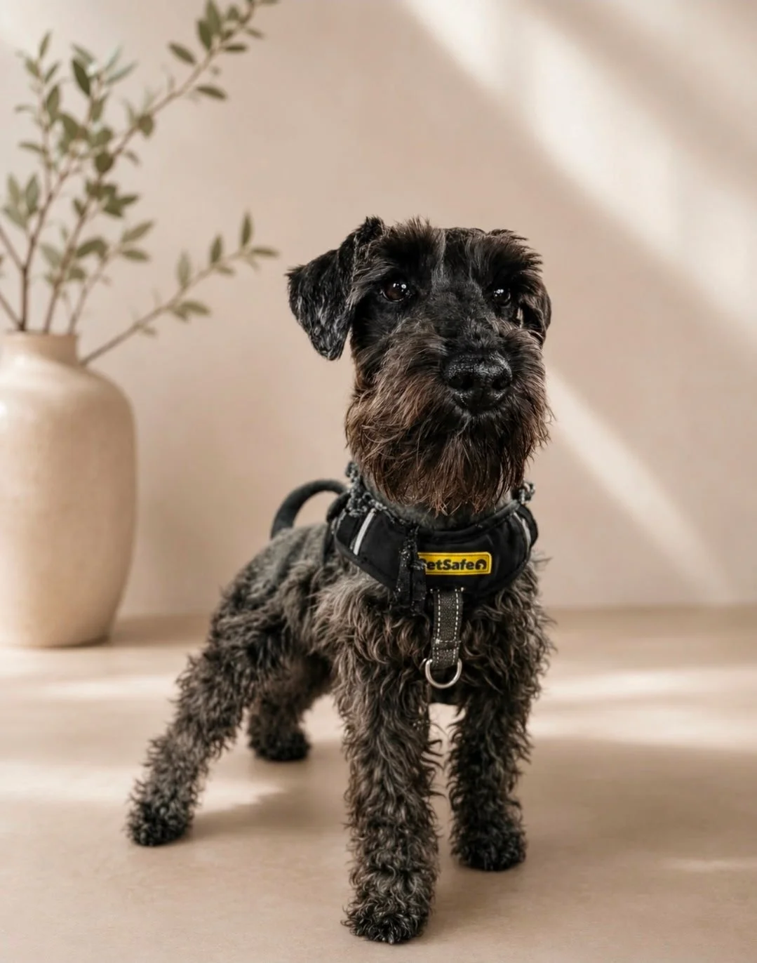 A small, black and gray dog with a wiry coat, wearing a black leash with a yellow tag, stands on a beige surface next to a beige vase with green leafy branches inside.