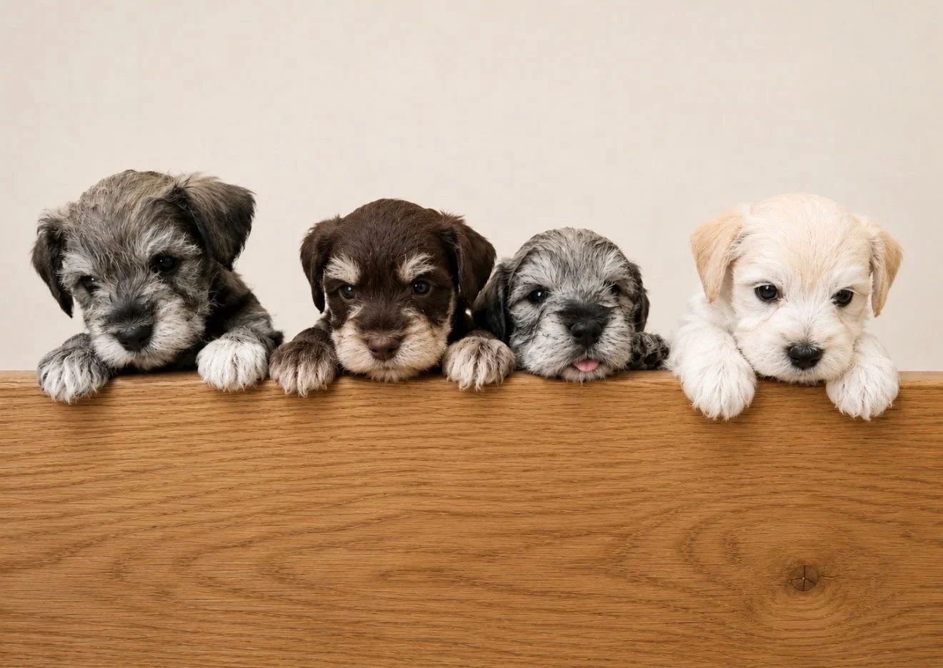 Four puppies of different colors peeking over a wooden surface with neutral background.