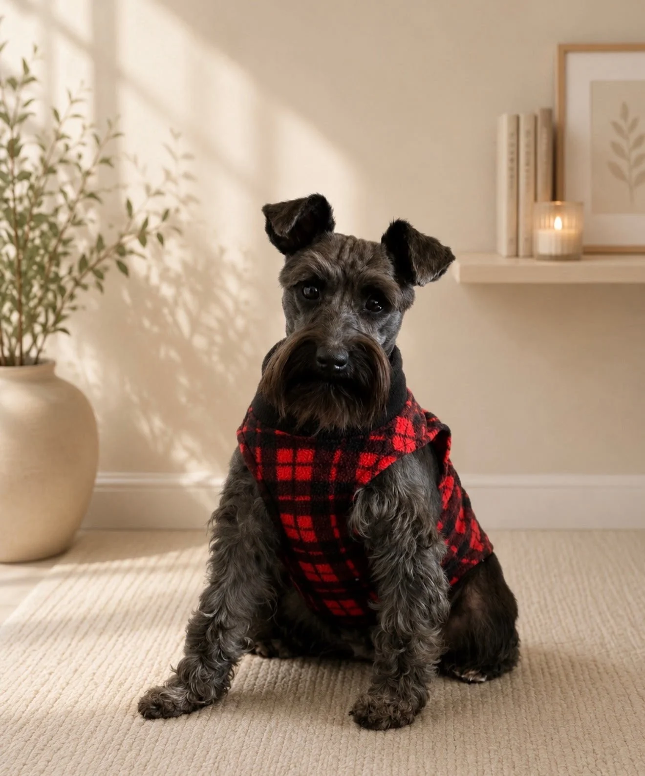 A gray and black dog with a beard and mustache, wearing a red and black plaid sweater, sitting indoors on a beige carpet with a neutral wall, a potted plant, and a shelf with books, framed artwork, and a lit candle in the background.
