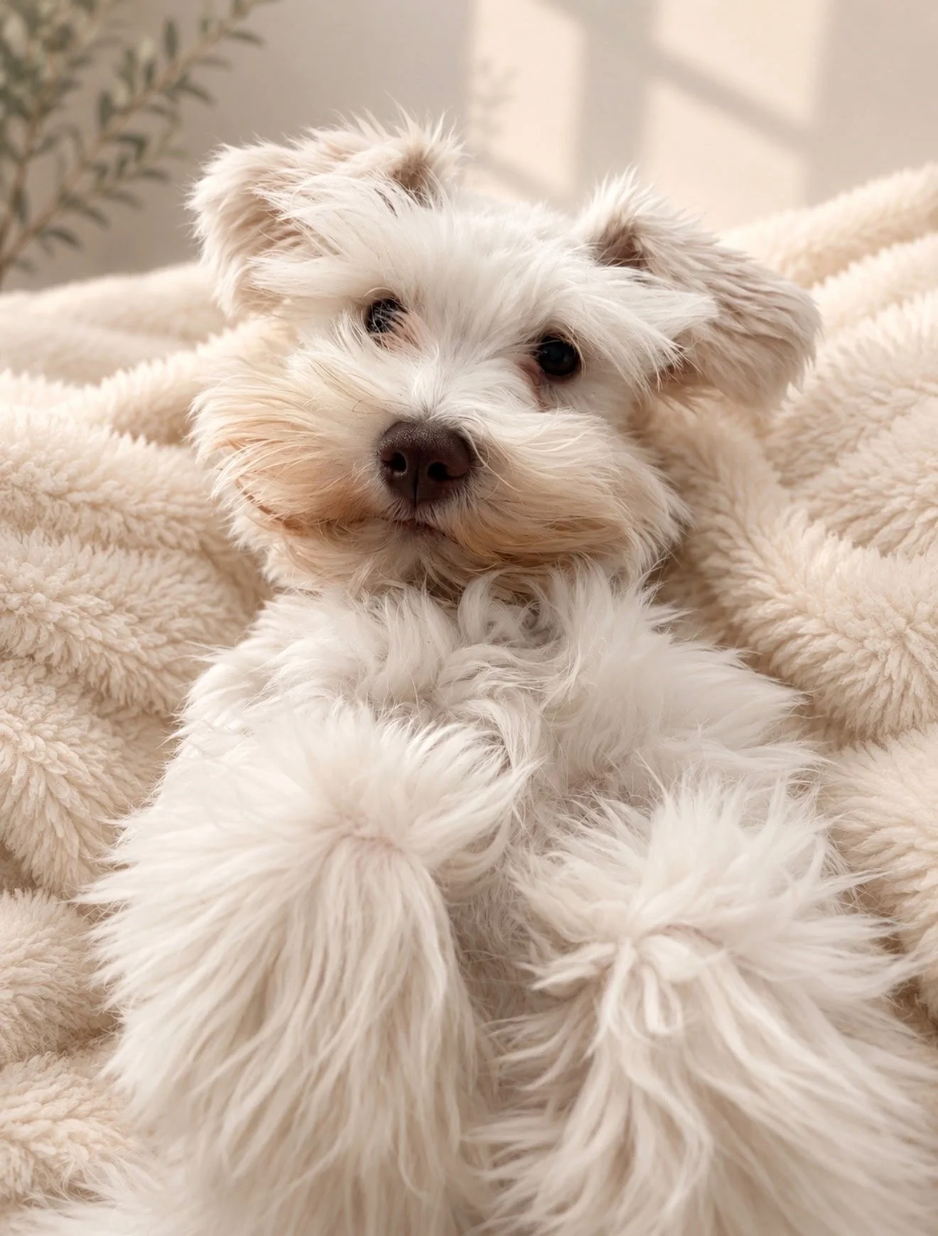 Cute white puppy lying on a soft fluffy blanket with a neutral background.