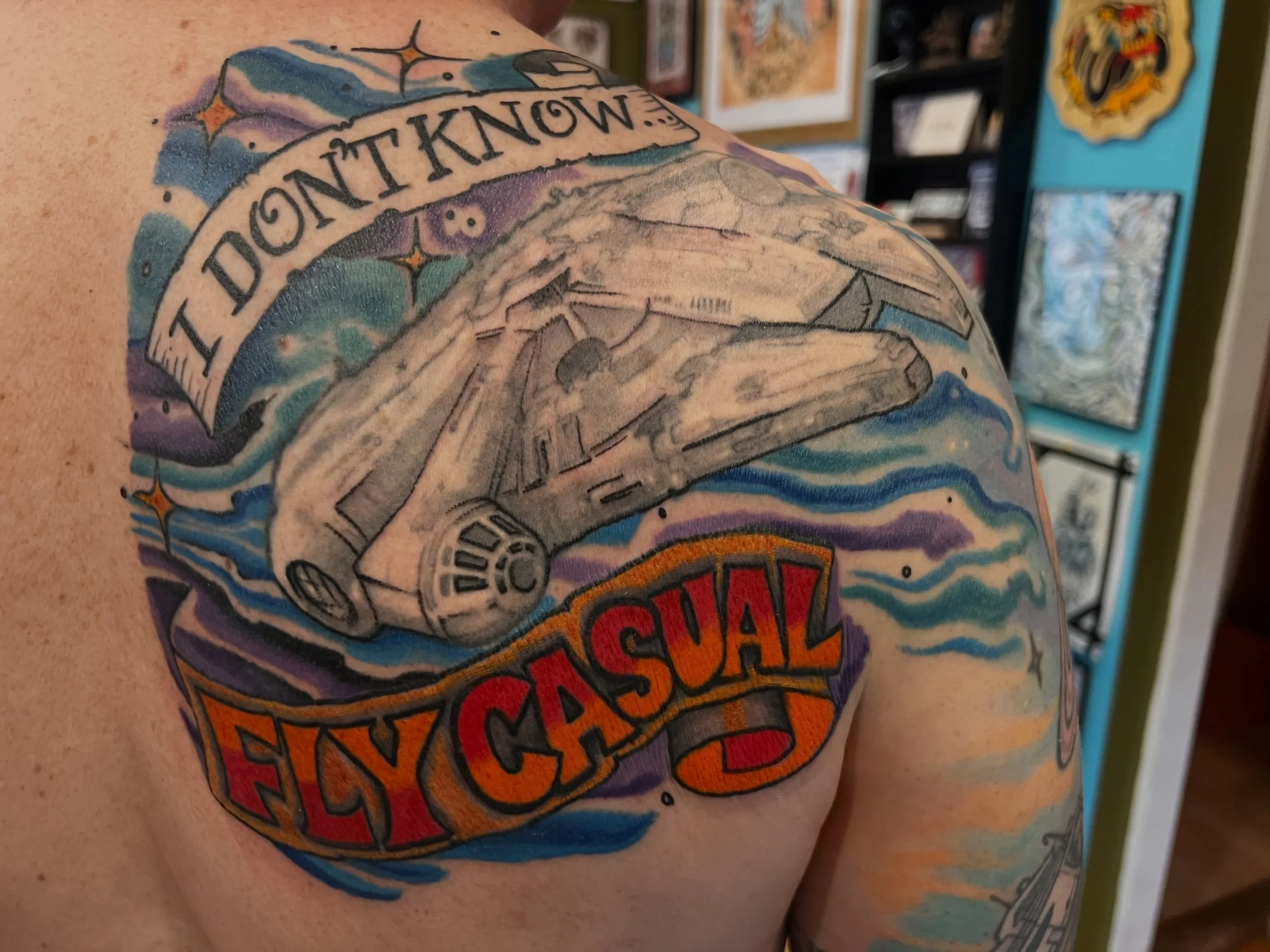 Work in progress,Added background and and banners to this millennium falcon tattoo.