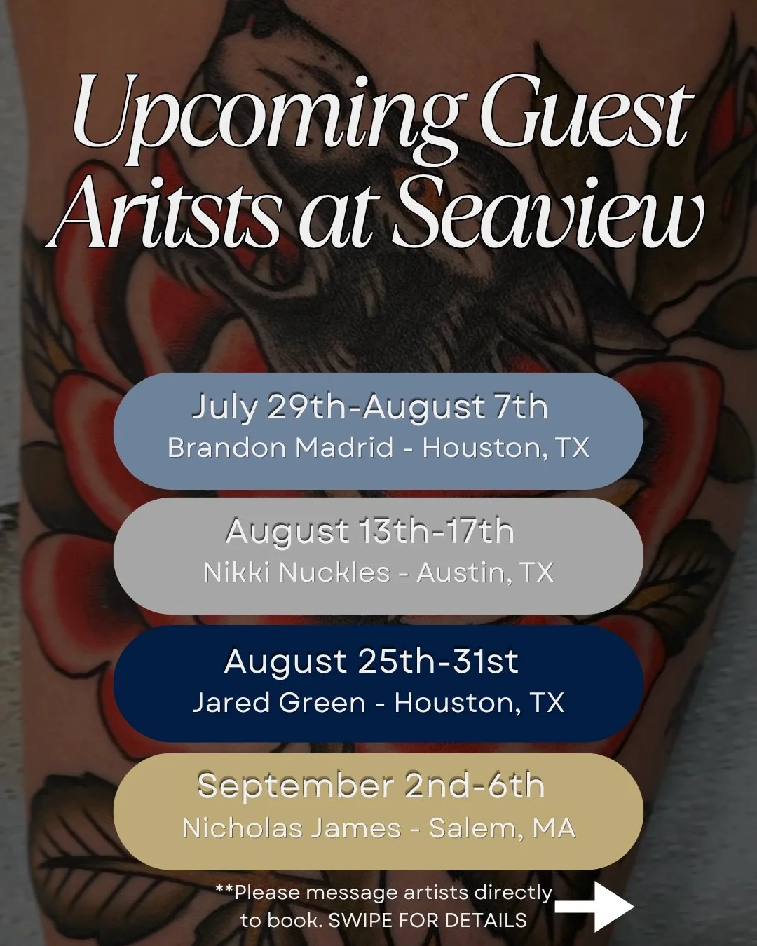 Here they are, Martha&rsquo;s Vineyard: the first batch of artists gracing our shores this summer under the new ownership! Take a look at their Instagram pages, and if you like what you see, book with them directly! @bmadrid_ocp @cowboykaiju @nikkinu