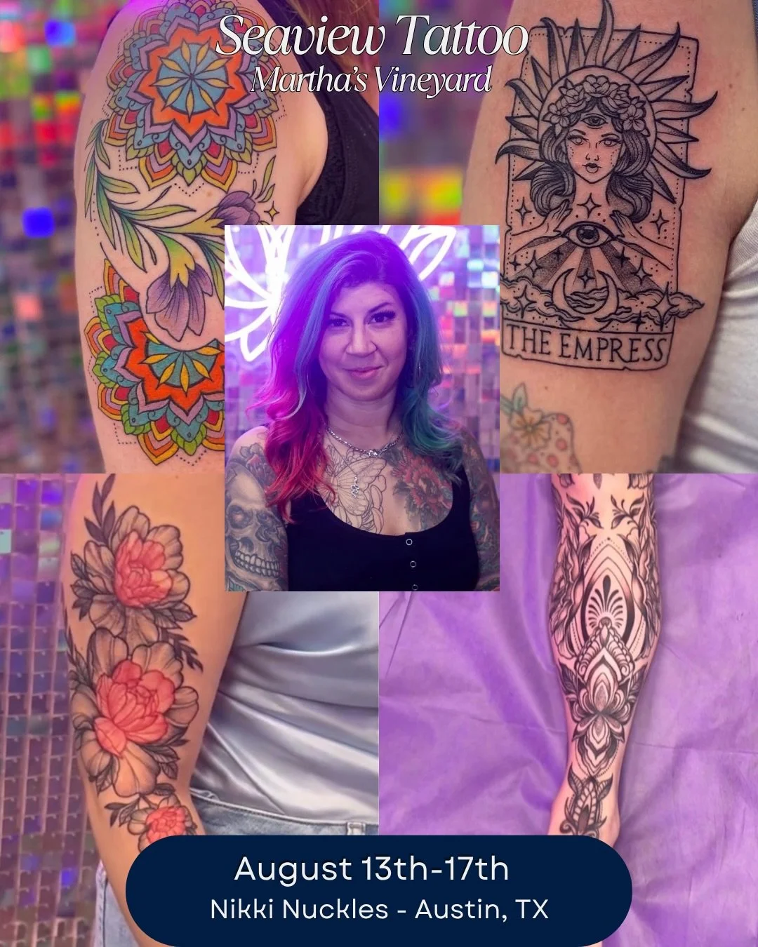 Our second artist under the new management at Seaview is @nikkinuckles from Austin, TX. Owner of her own badass studio @glowinglotustattoo and she&rsquo;s one of my best buds! Her ornamental, floral and lady head work are something you don&rsquo;t wa