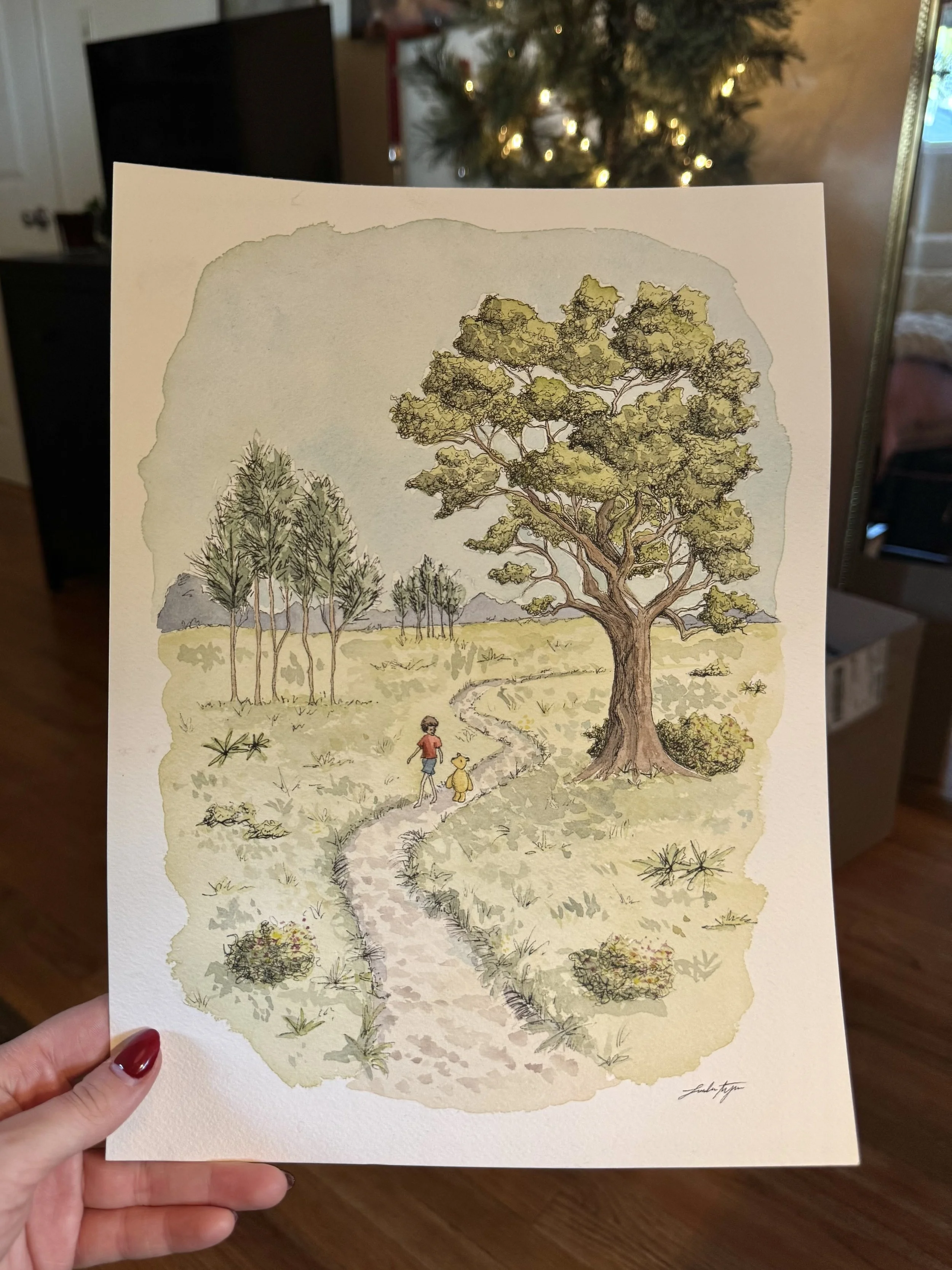 A watercolor-style illustration of a large tree with sprawling branches in the foreground, a smaller tree on the left, and a winding path with a person walking a dog. The background features a soft, cloudy sky and distant trees.