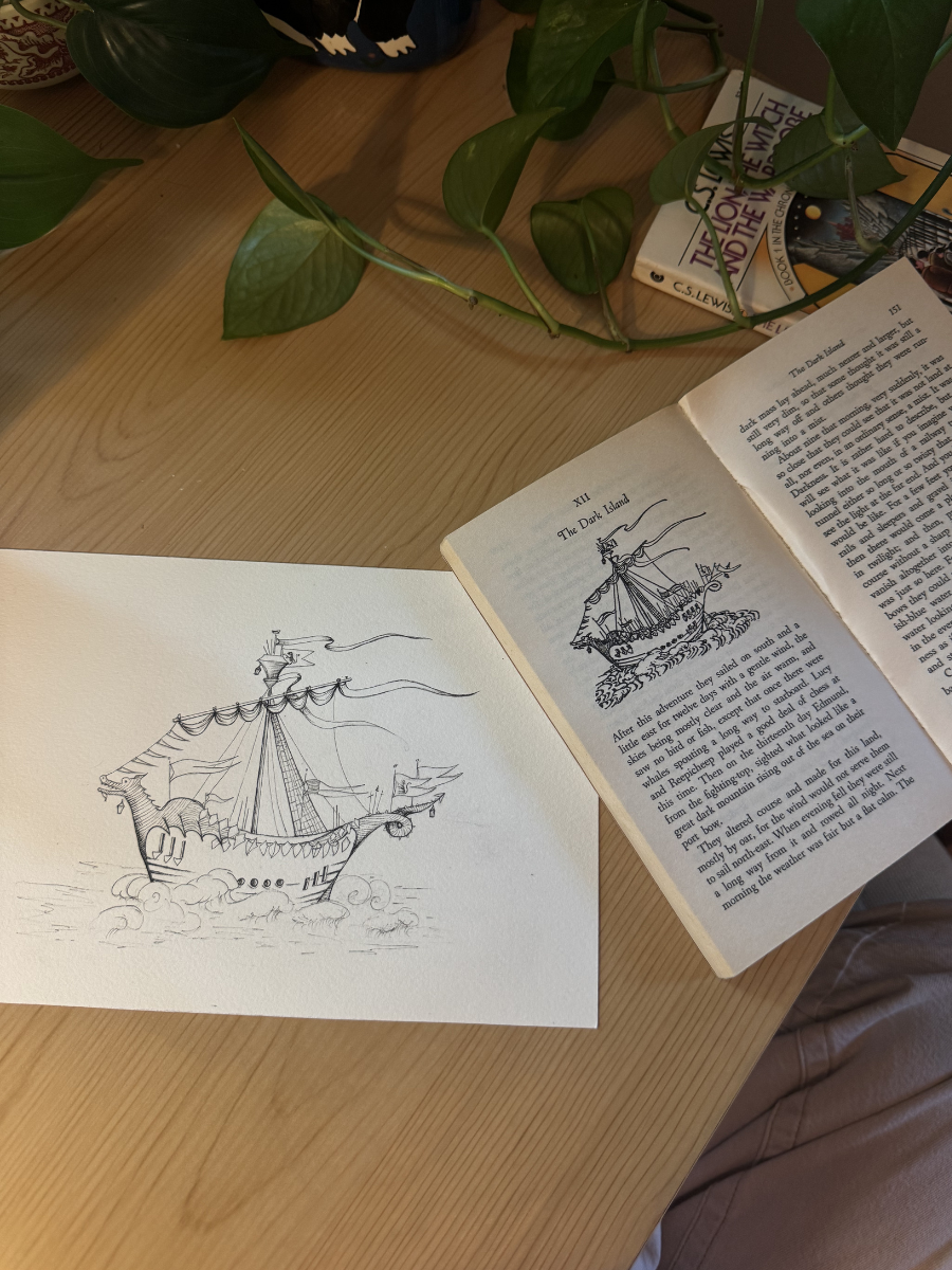 A table with a potted plant, a framed illustration of a pirate ship, and an open book displaying a similar drawing and text about the Dark Island.