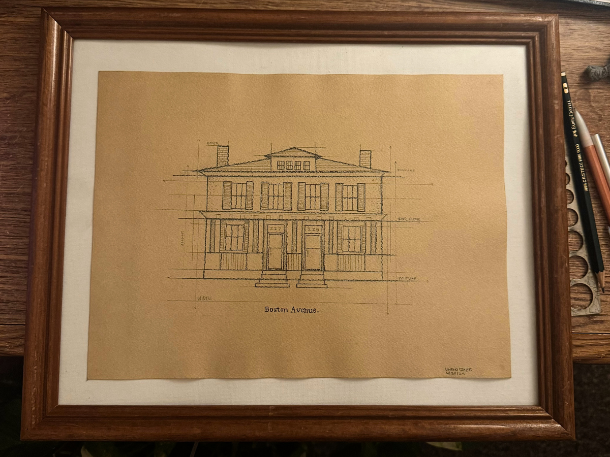 Architectural drawing of a three-story building labeled 'Boston Avenue' in a wooden frame.