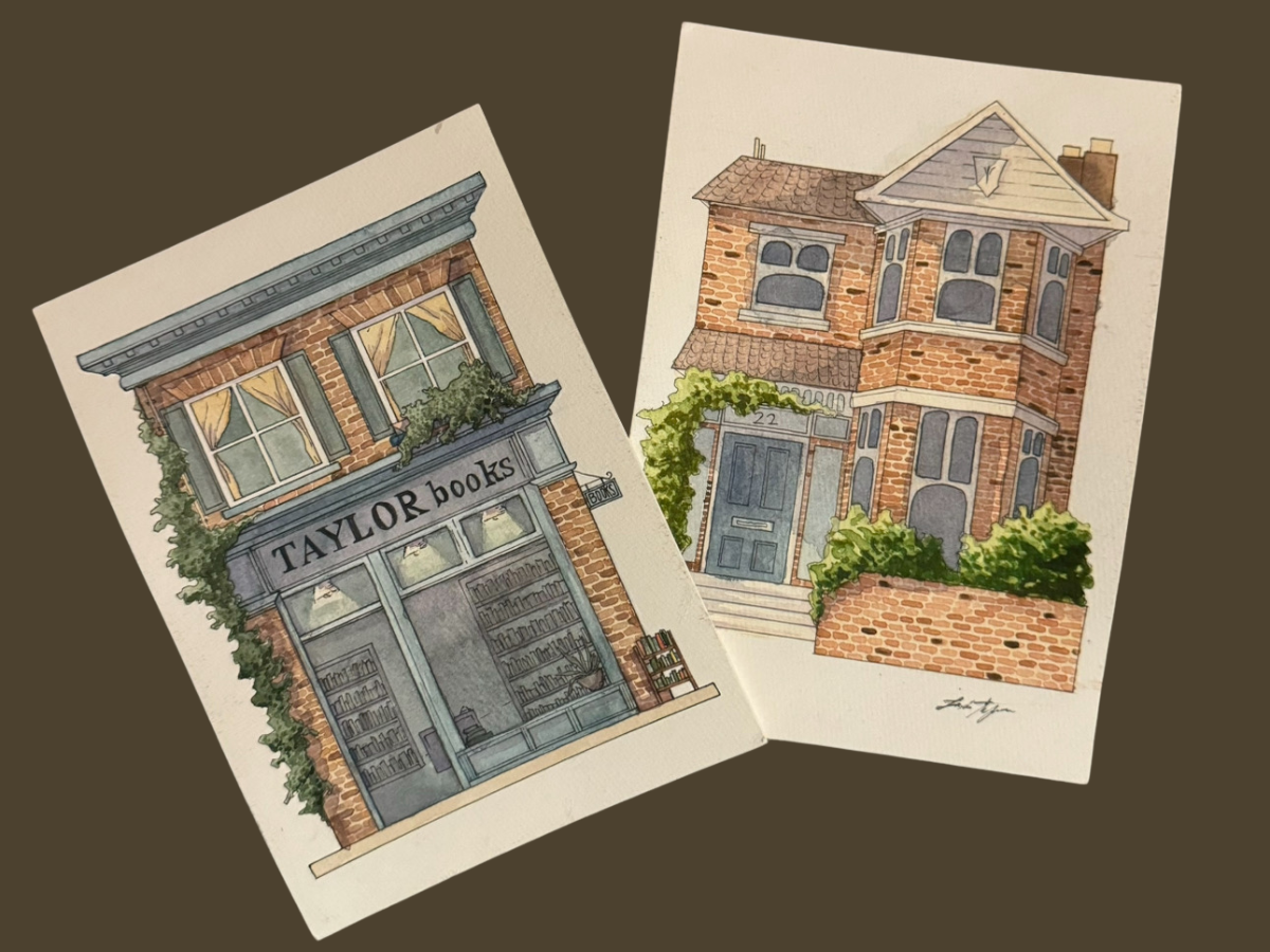 Two watercolor illustrations of houses, one featuring a bookstore with a brick facade and the other a residential house with a brick exterior and greenery.