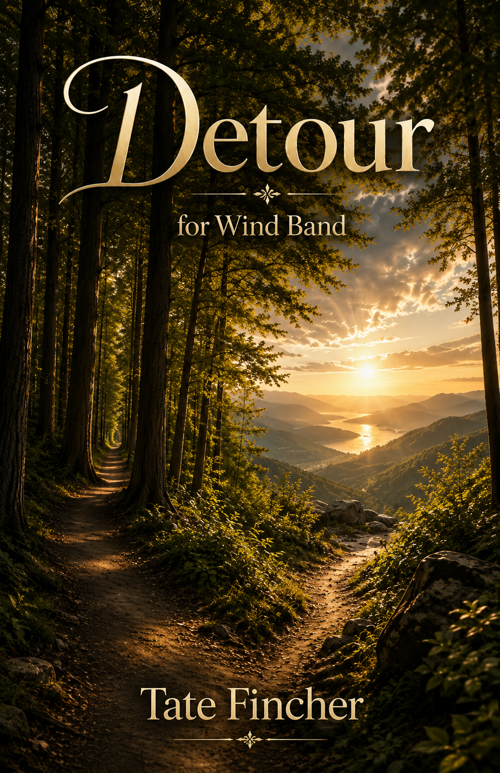 Detour for wind band by Tate Fincher, featuring a forest path at sunset leading toward mountains and a distant lake