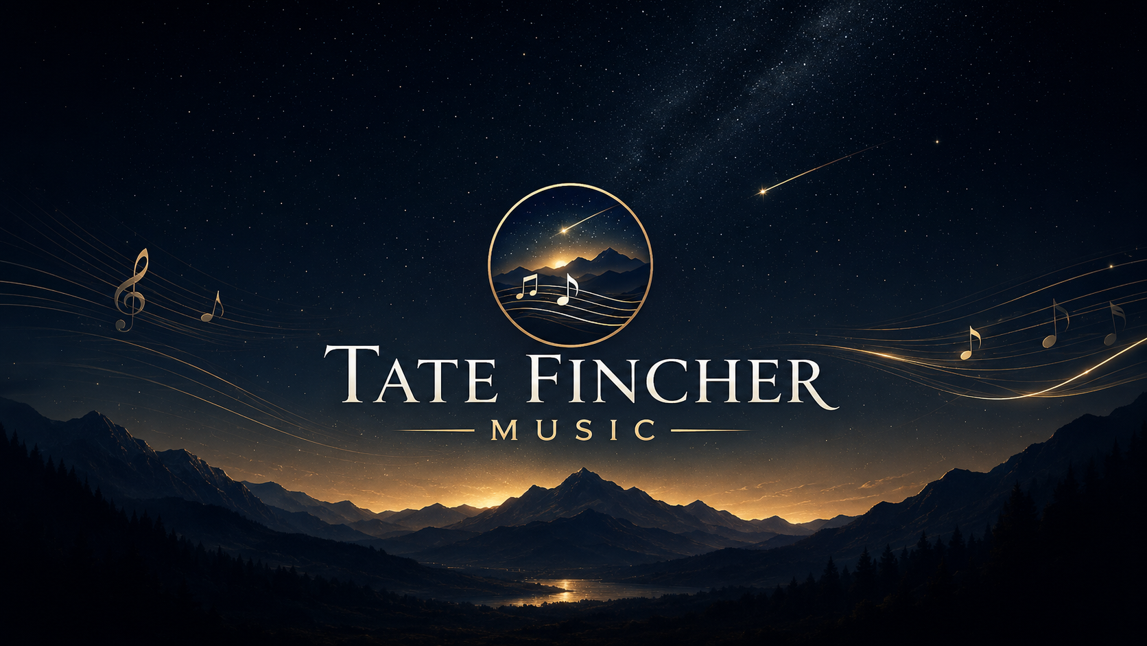 Night landscape with mountains, stars, and a river, overlaid with musical notes, a circular logo of mountains and night sky, and the text "Tate Fincher Music".