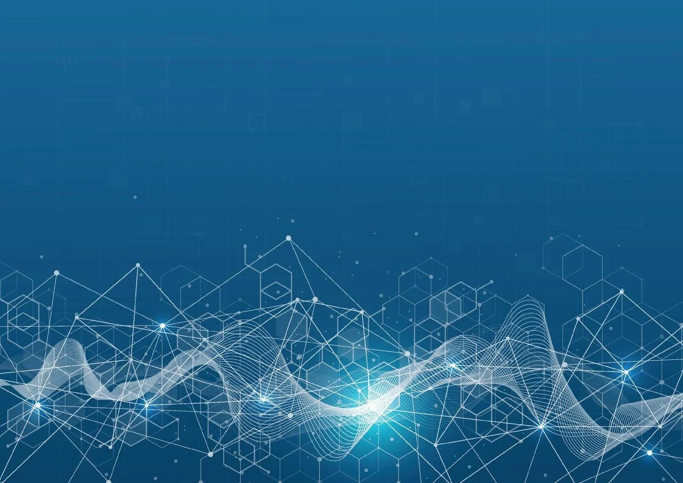 Digital abstract background with interconnected white lines, dots, hexagons, and waveforms on a blue gradient background.
