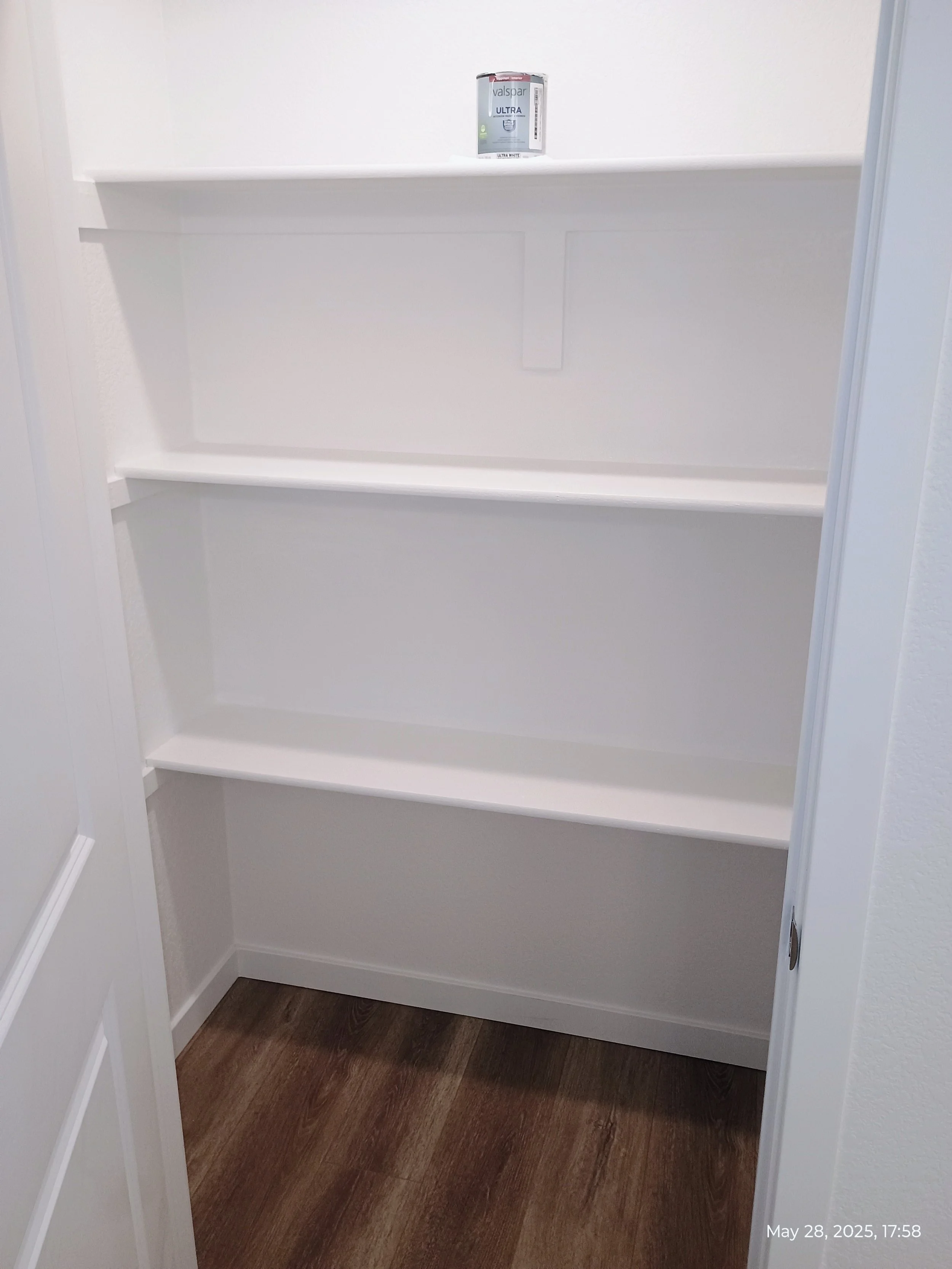 Brand new home.  Closed the sale the day prior didn't come with shelving in closet.  Added shelving per customer specs.  In Colorado Springs  
