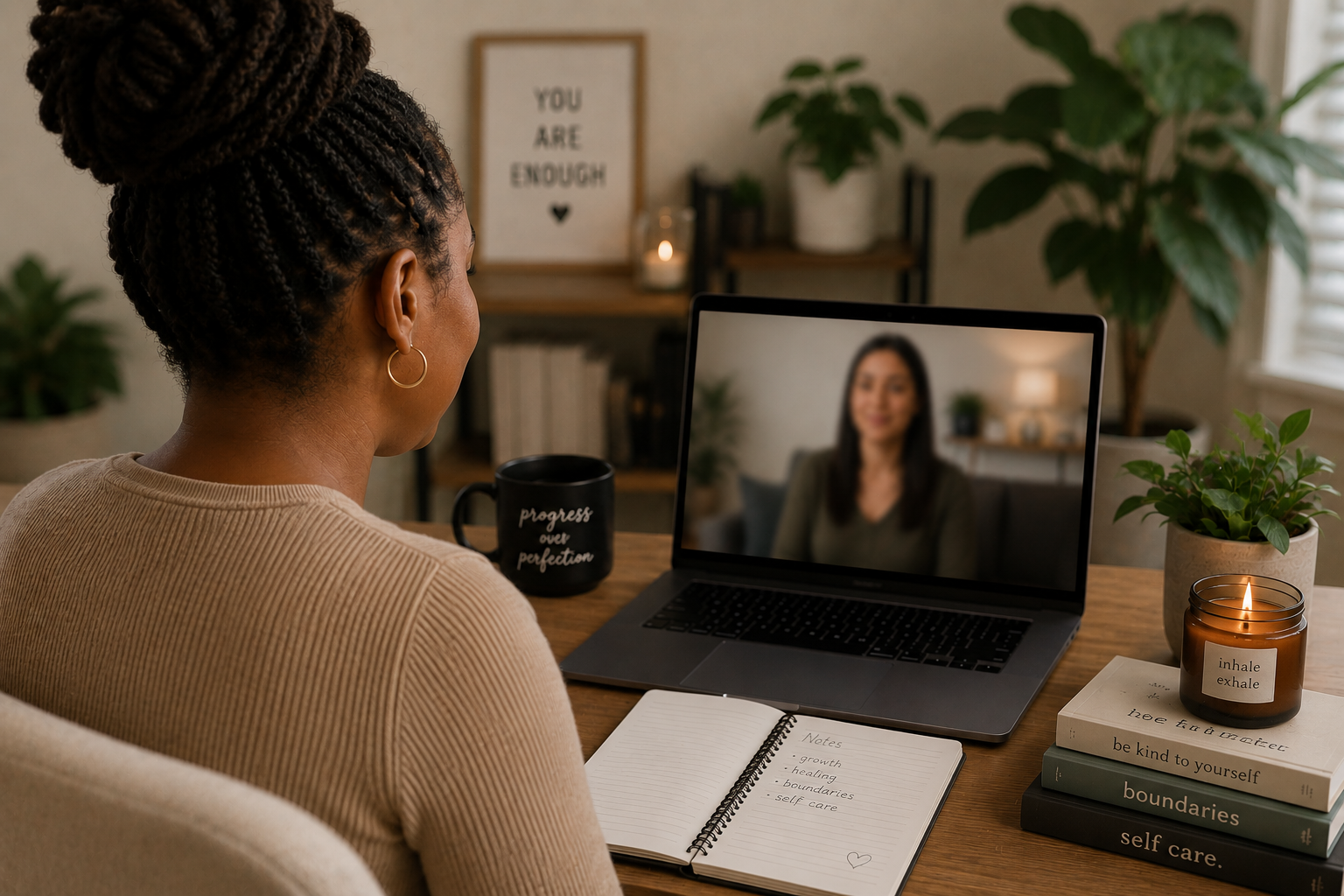 A woman with braided hair and hoop earrings participates in a video call at a desk. She faces a laptop with a woman on the screen. The desk has a notebook with notes, a black mug with the phrase 'progress over perfection,' a stack of books, a potted plant, and a lit candle. A framed quote saying 'You are enough' is in the background.