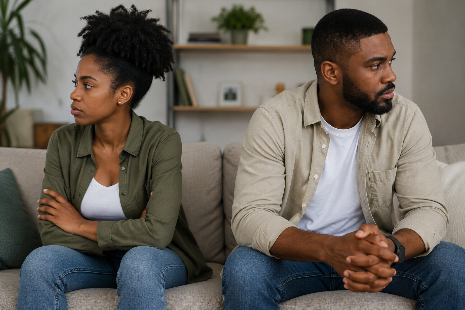 A man and woman sitting on a beige couch, sitting apart and facing away from each other with serious expressions.