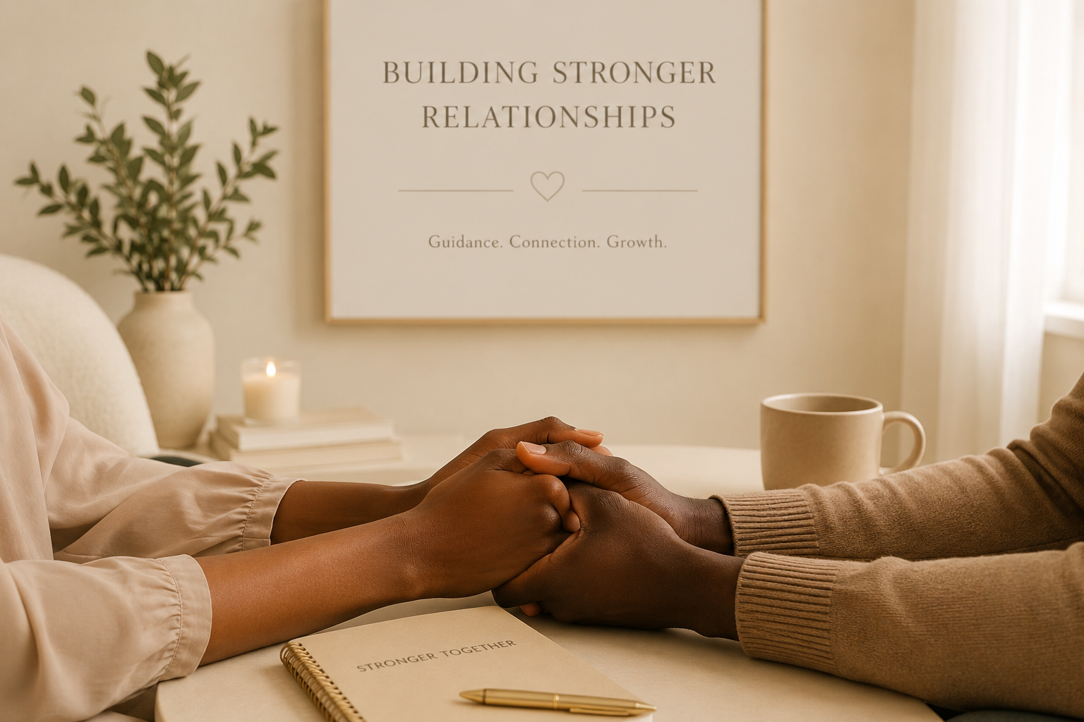Two people holding hands across a table, with a notebook titled 'Stronger Together' and a pen in the foreground, and a sign in the background that says 'Building Stronger Relationships' with a heart symbol.