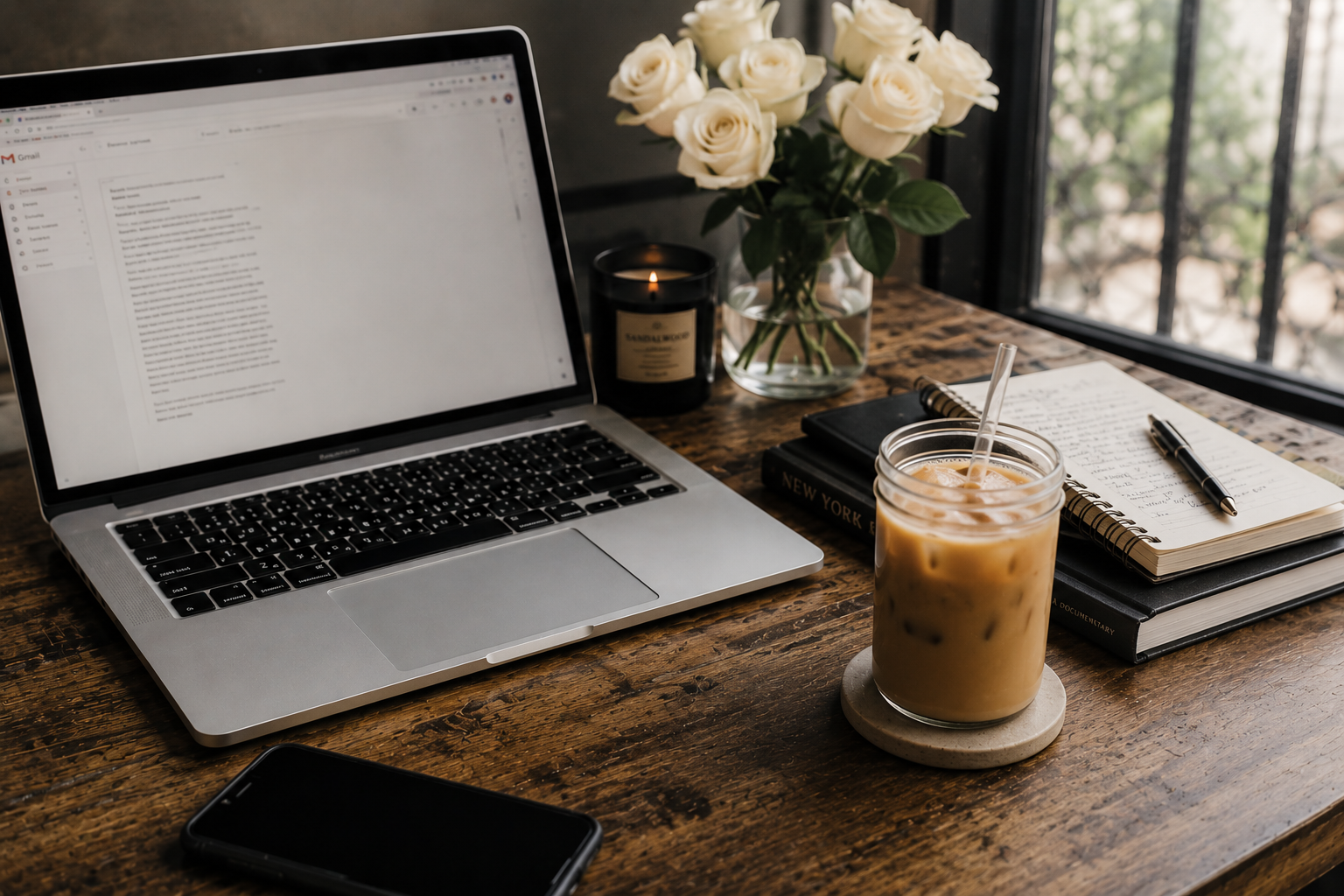 A workspace on a wooden table with a laptop, a smartphone, a jar of iced coffee, a notebook, a pen, a book titled 'New York,' a black journal, a candle, and a vase of white roses near a window.