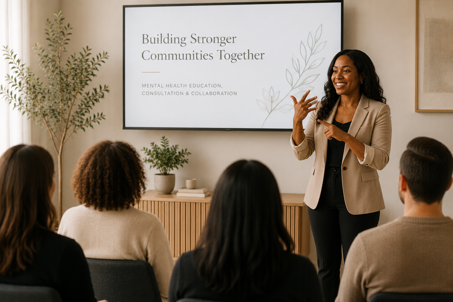 A woman giving a presentation on mental health education to an audience in a conference room, with a screen behind her displaying the title "Building Stronger Communities Together."