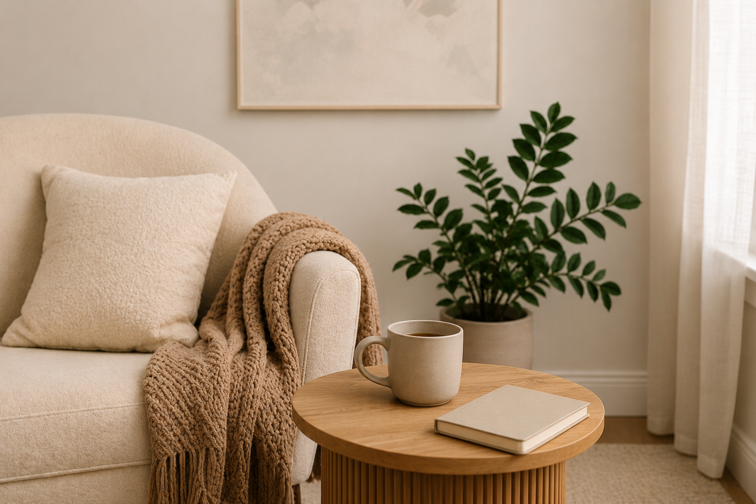 Living room corner with beige sofa, cream pillow, brown knitted throw blanket, wooden side table with a coffee mug and a closed book, potted green plant, light-colored walls, and sheer curtains.