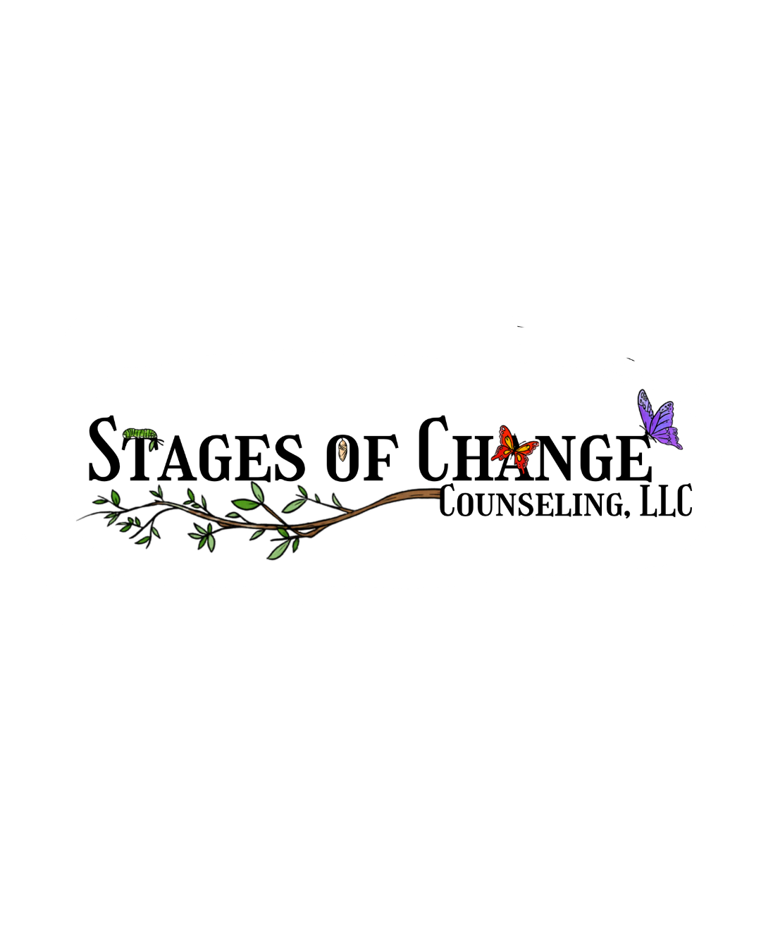 Logo for Stages of Change Counseling, LLC, featuring a branch with green leaves and three colorful butterflies.