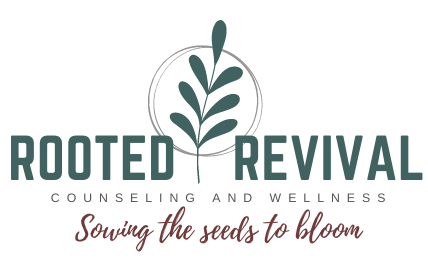 Logo for Rooted Revival Counseling and Wellness with a leafy plant graphic and the text 'Sowing the seeds to bloom'.
