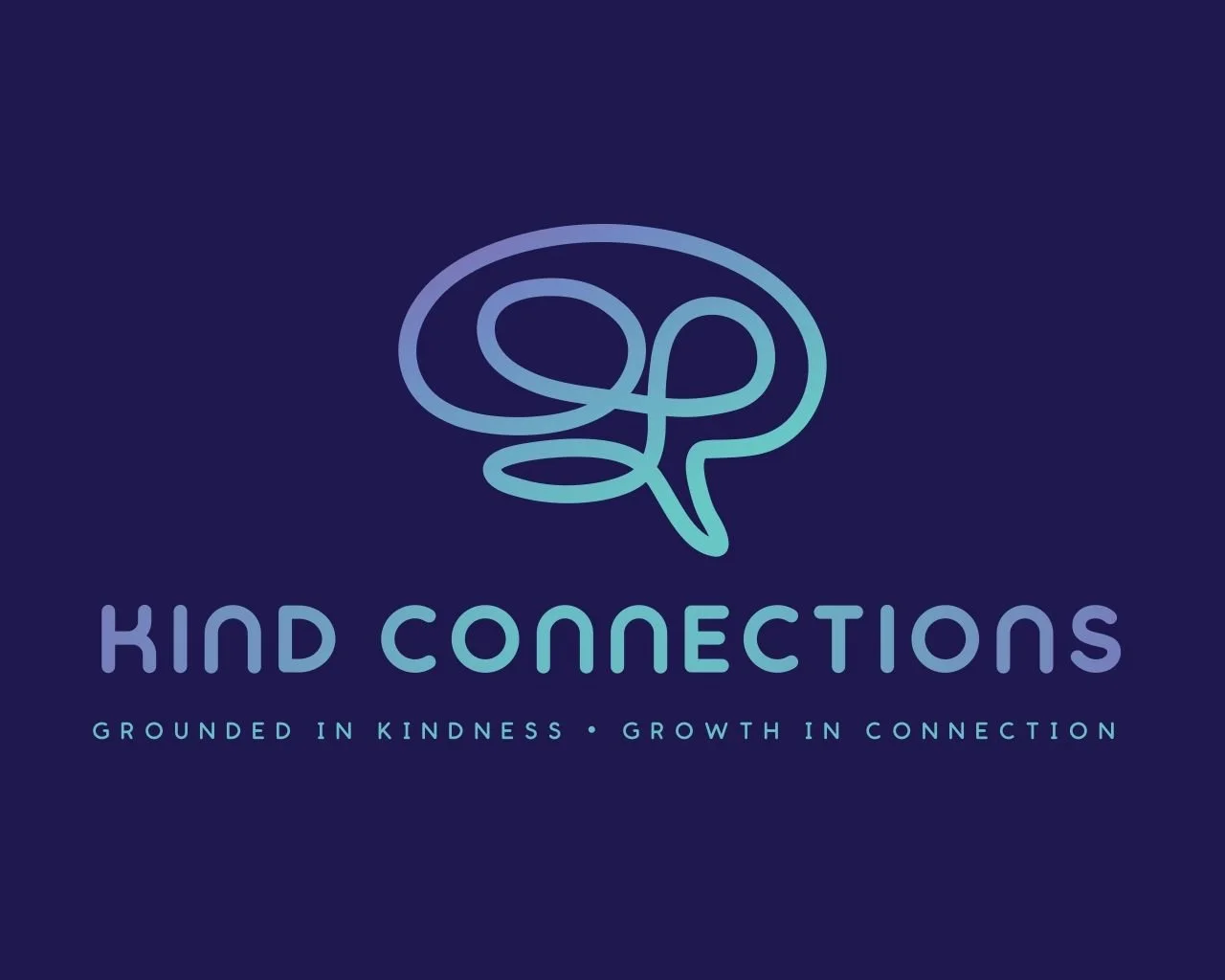 Logo of Kind Connections featuring a stylized brain in a speech bubble shape, with the tagline 'Grounded in Kindness • Growth in Connection'.