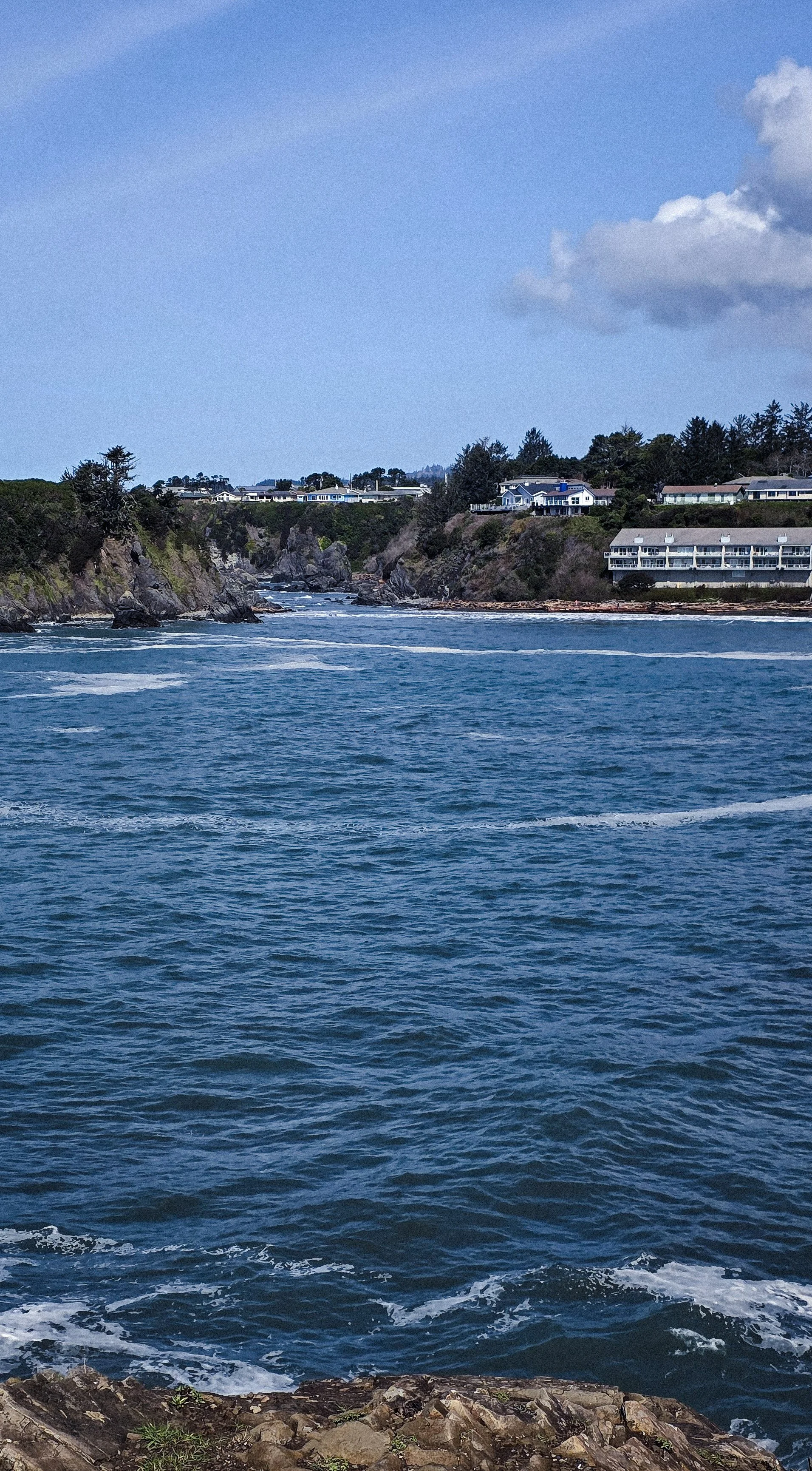 Ocean view with waves crashing against rocky shore, cliffs with houses on top, blue sky with clouds.