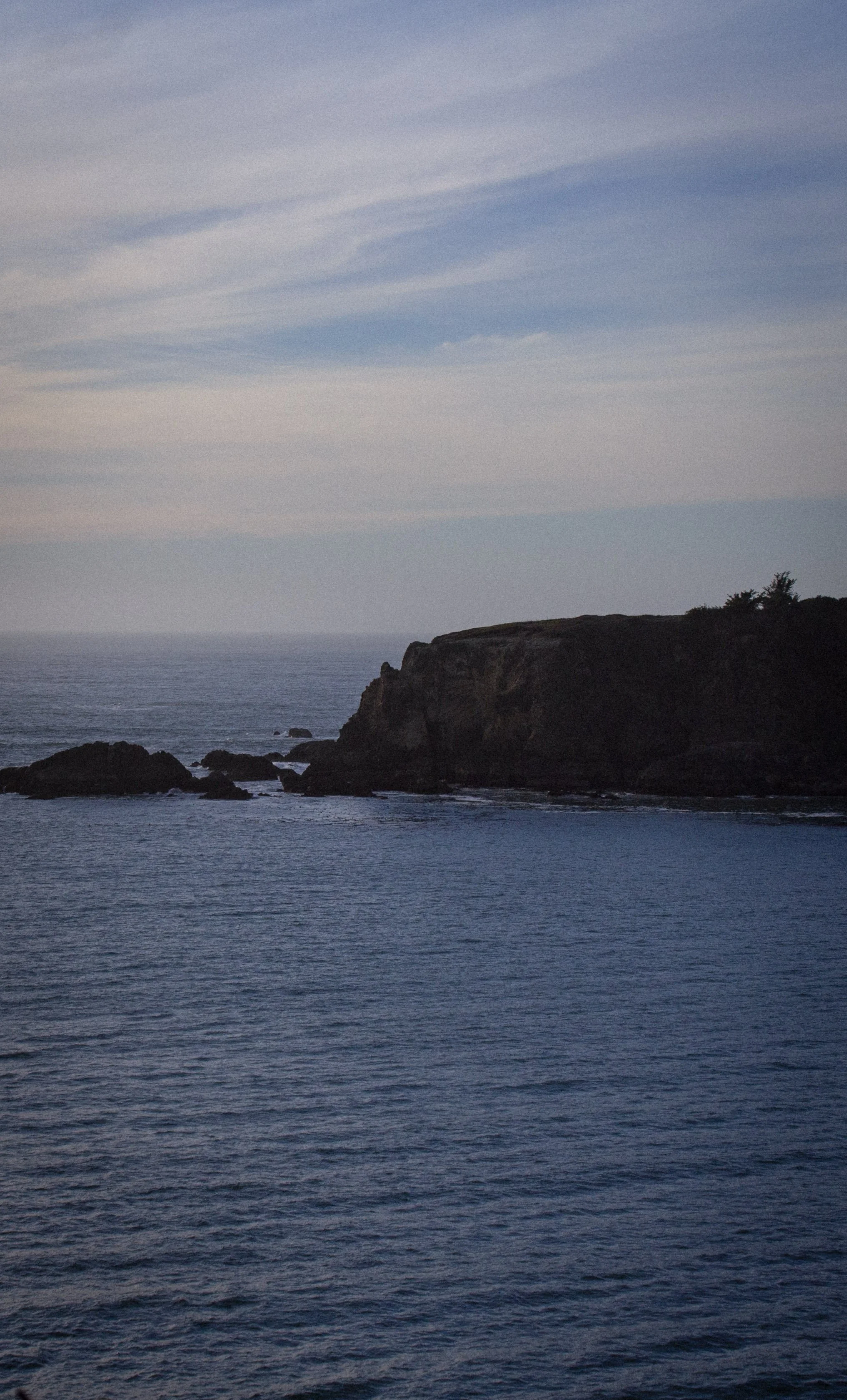 A coastal landscape showing a cliffside with some trees, overlooking the ocean under a cloudy sky.