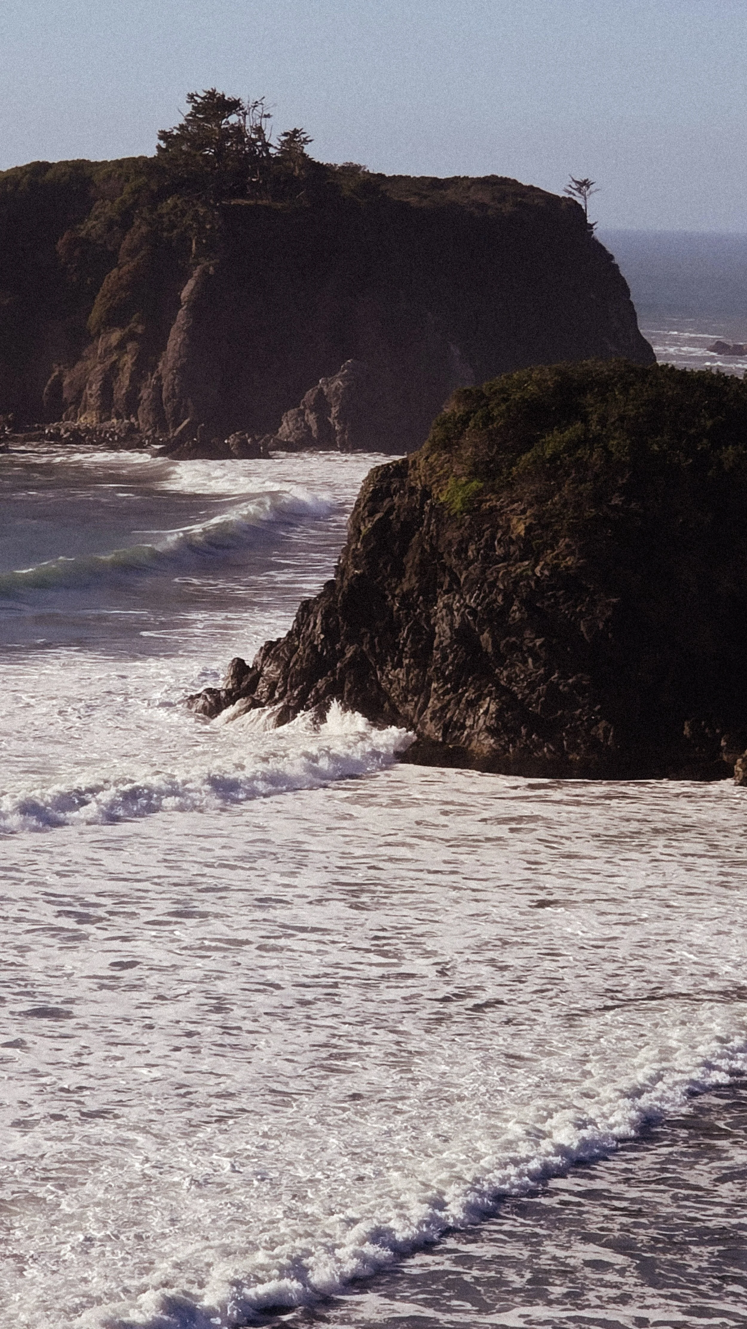 A rugged coastline with rocks and a large cliff covered in trees, near the ocean with waves crashing against the rocks during dusk or dawn.