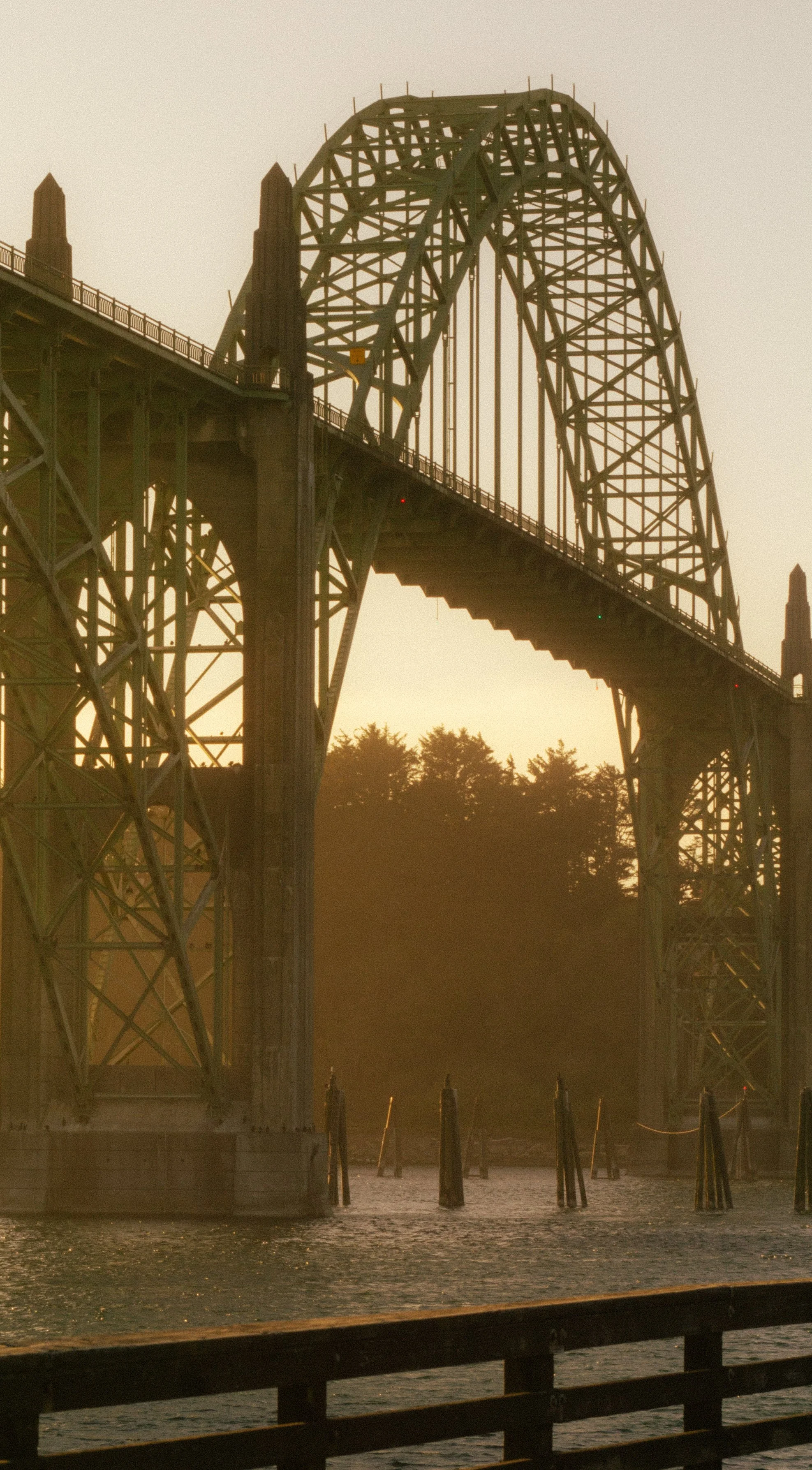 The image shows a large steel bridge with a distinctive arch design, situated over a body of water, with trees in the background, during sunset or sunrise.