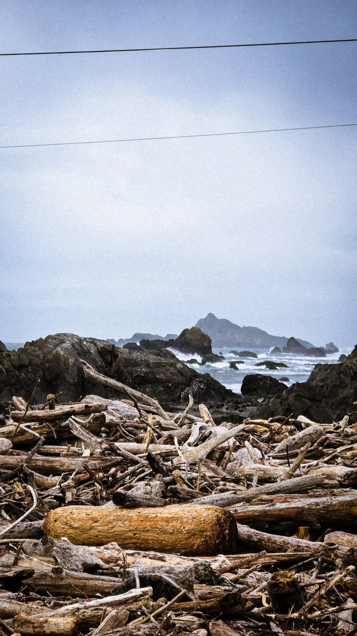 A rocky shoreline with driftwood in the foreground, ocean waves crashing against rocks, a distant island or mountain, and a clear sky with power lines overhead.