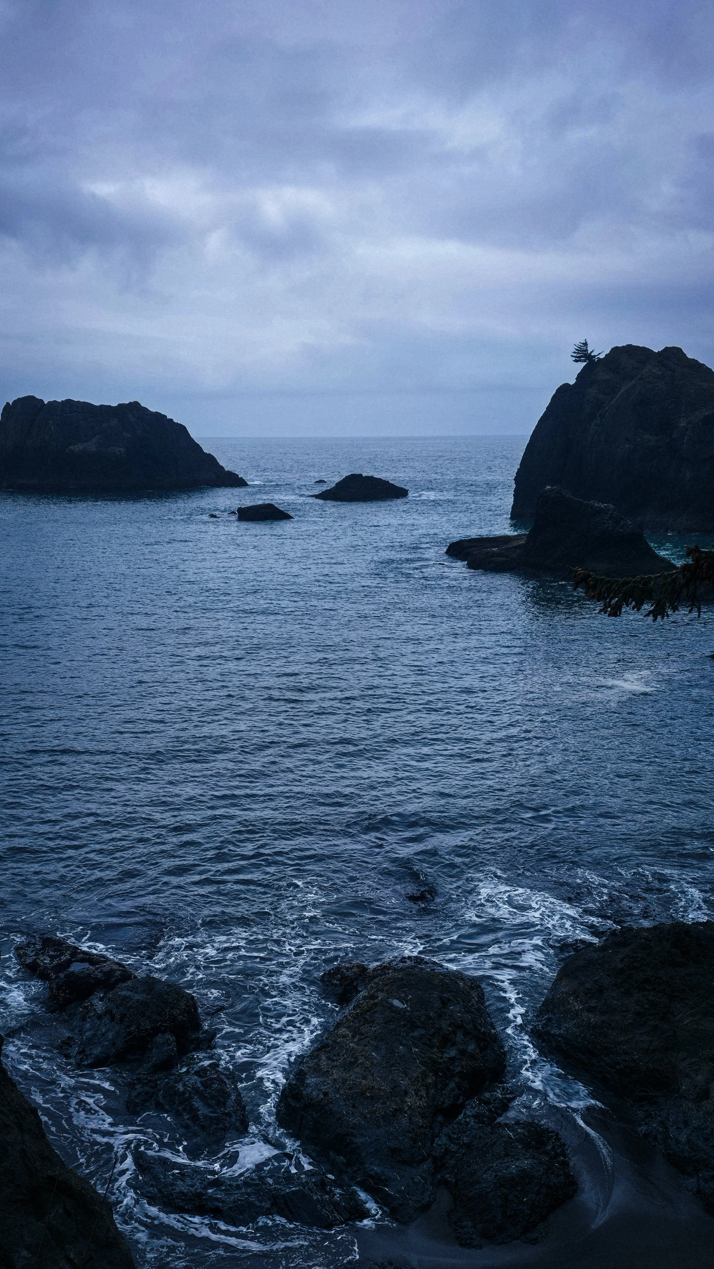A rocky coastline with the ocean and cloudy sky in the background, with waves crashing against the rocks.