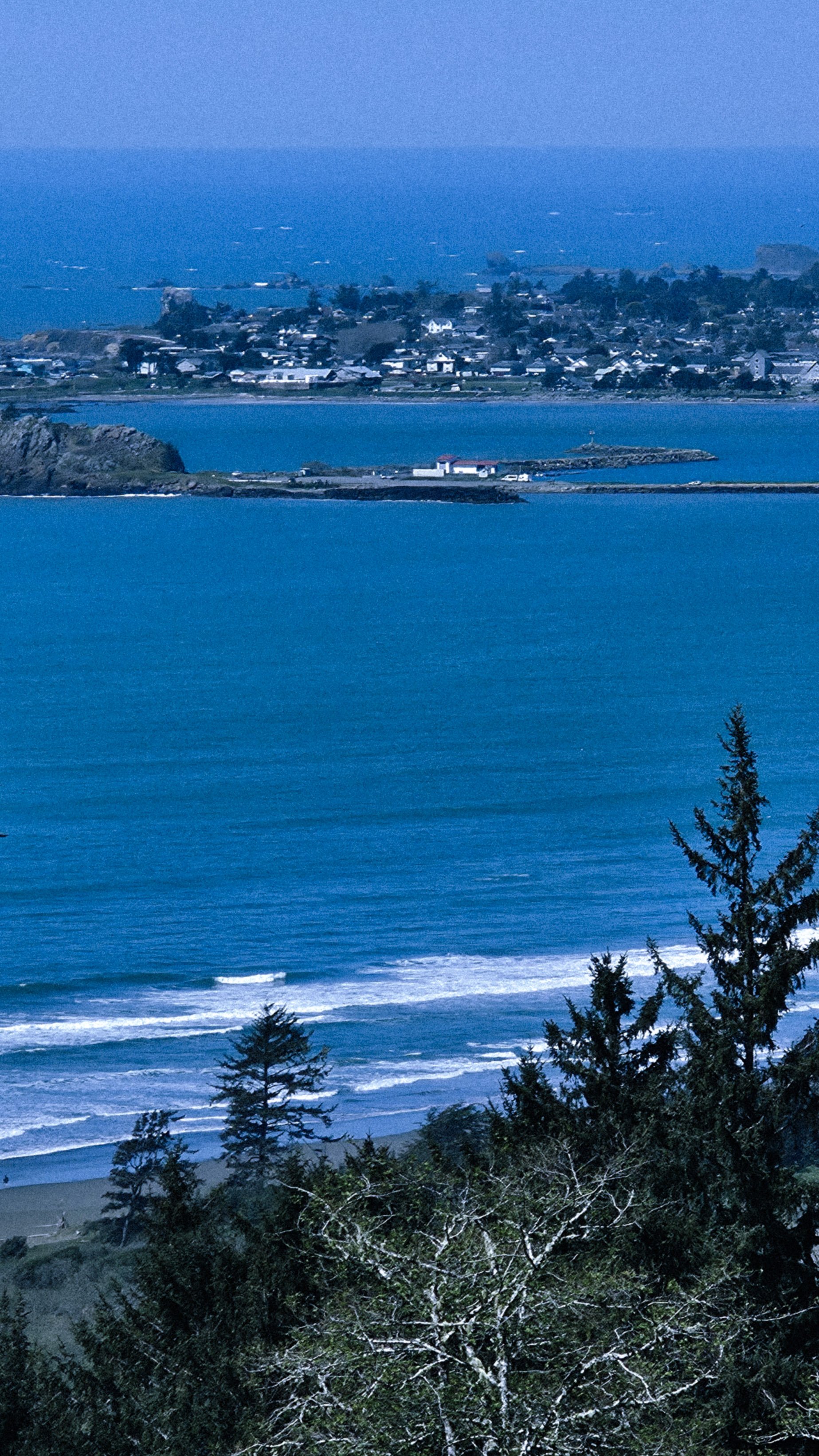 Scenic view of an ocean coastline with a small town, trees, and hills in the background, taken during the day.