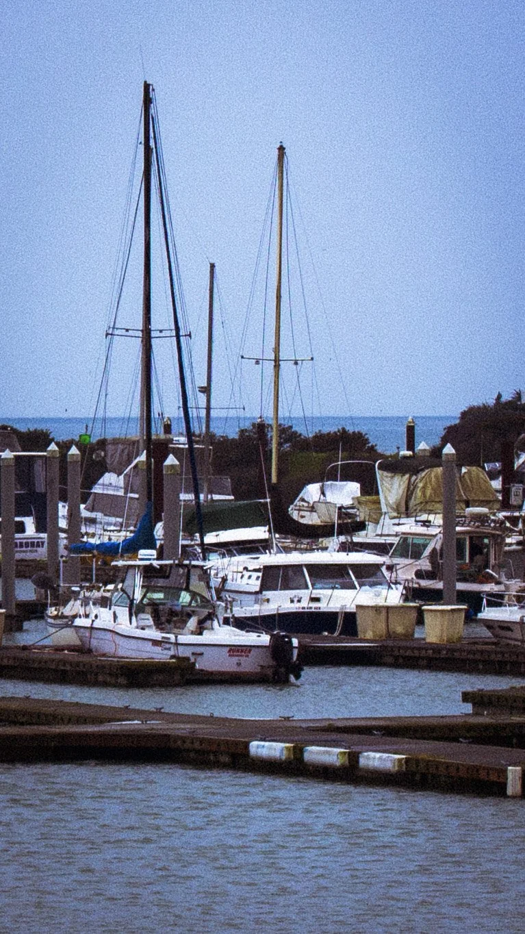 Boats docked at a marina during dusk with a calm water surface and a blue sky.