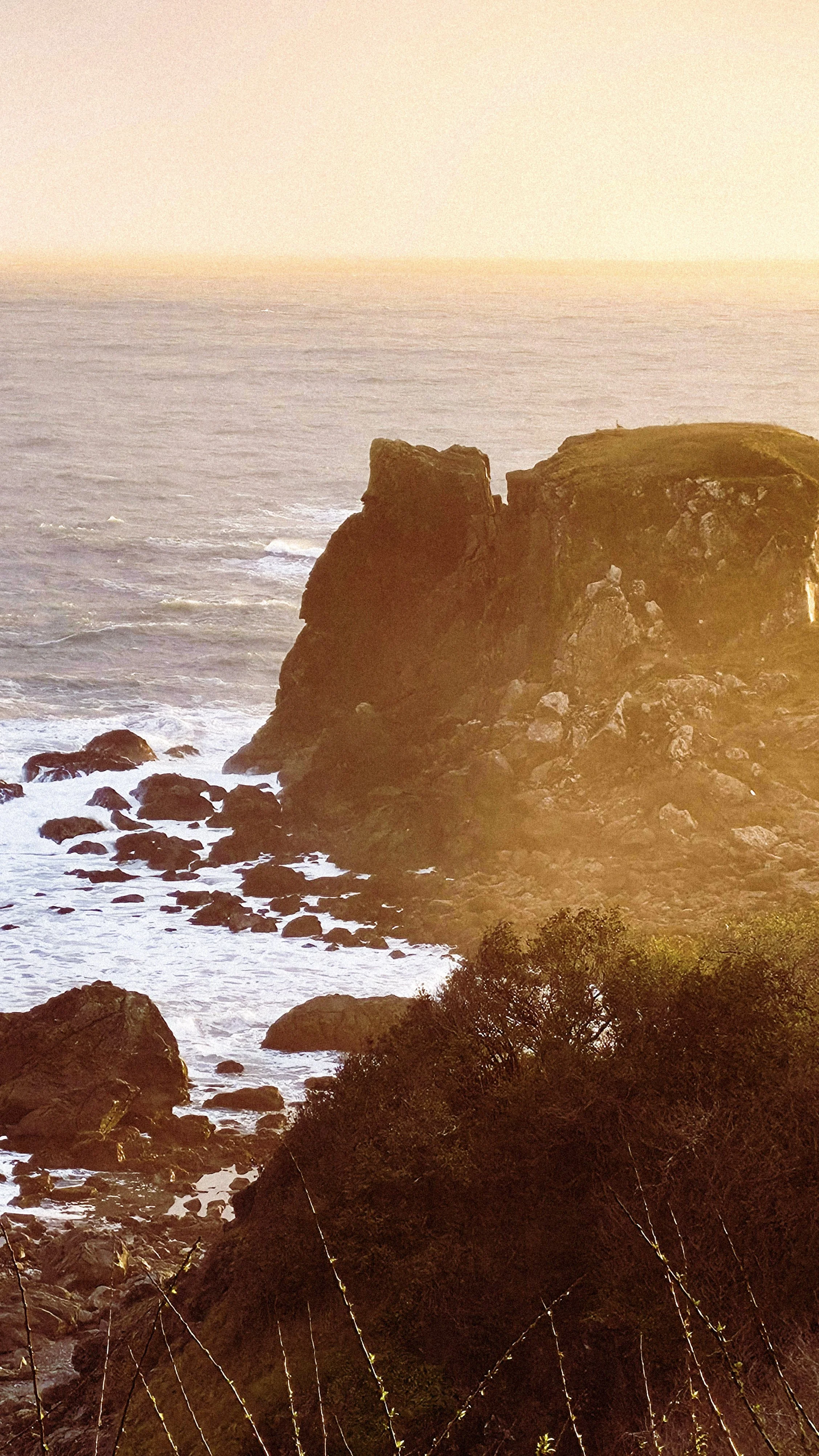 Seaside view of large rock formations on a beach during sunset with waves crashing and sparse vegetation in the foreground.