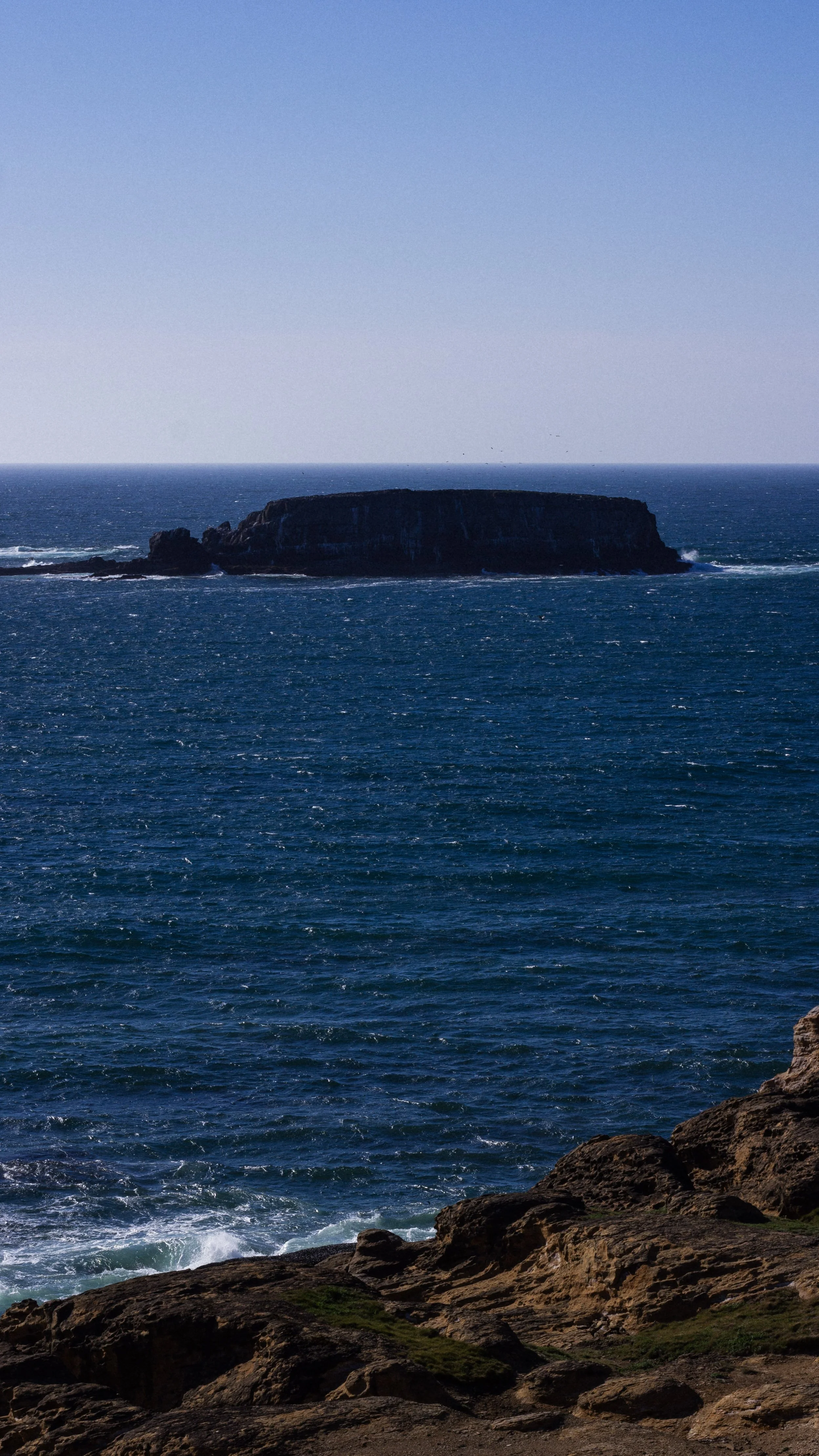 Ocean with rocks in the foreground, a large rocky island in the background, and a clear blue sky.